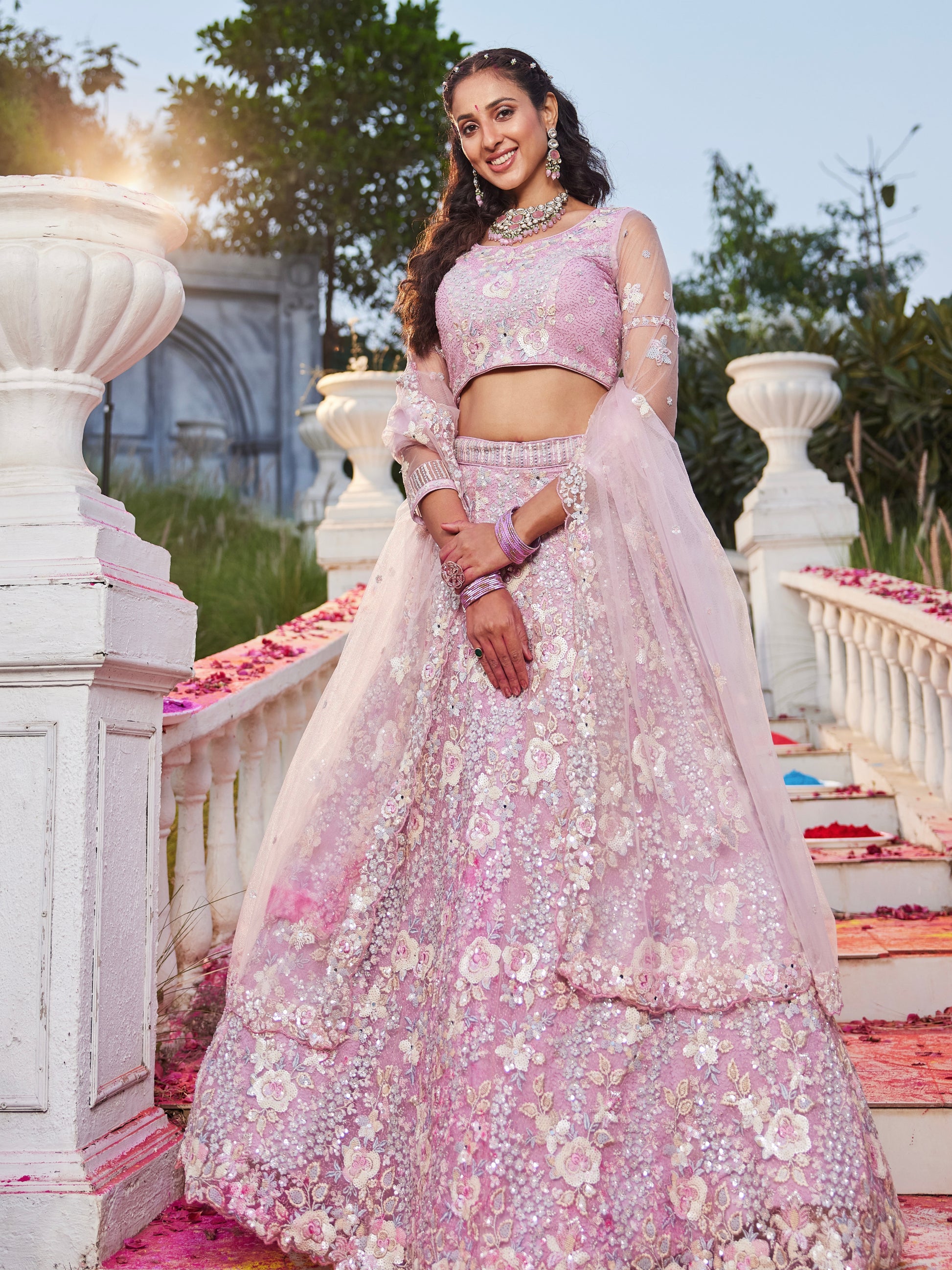 Pink Net Bridal Lehenga with Sequins & Zarkan Embroidery