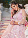 Pink Net Bridal Lehenga with Sequins & Zarkan Embroidery