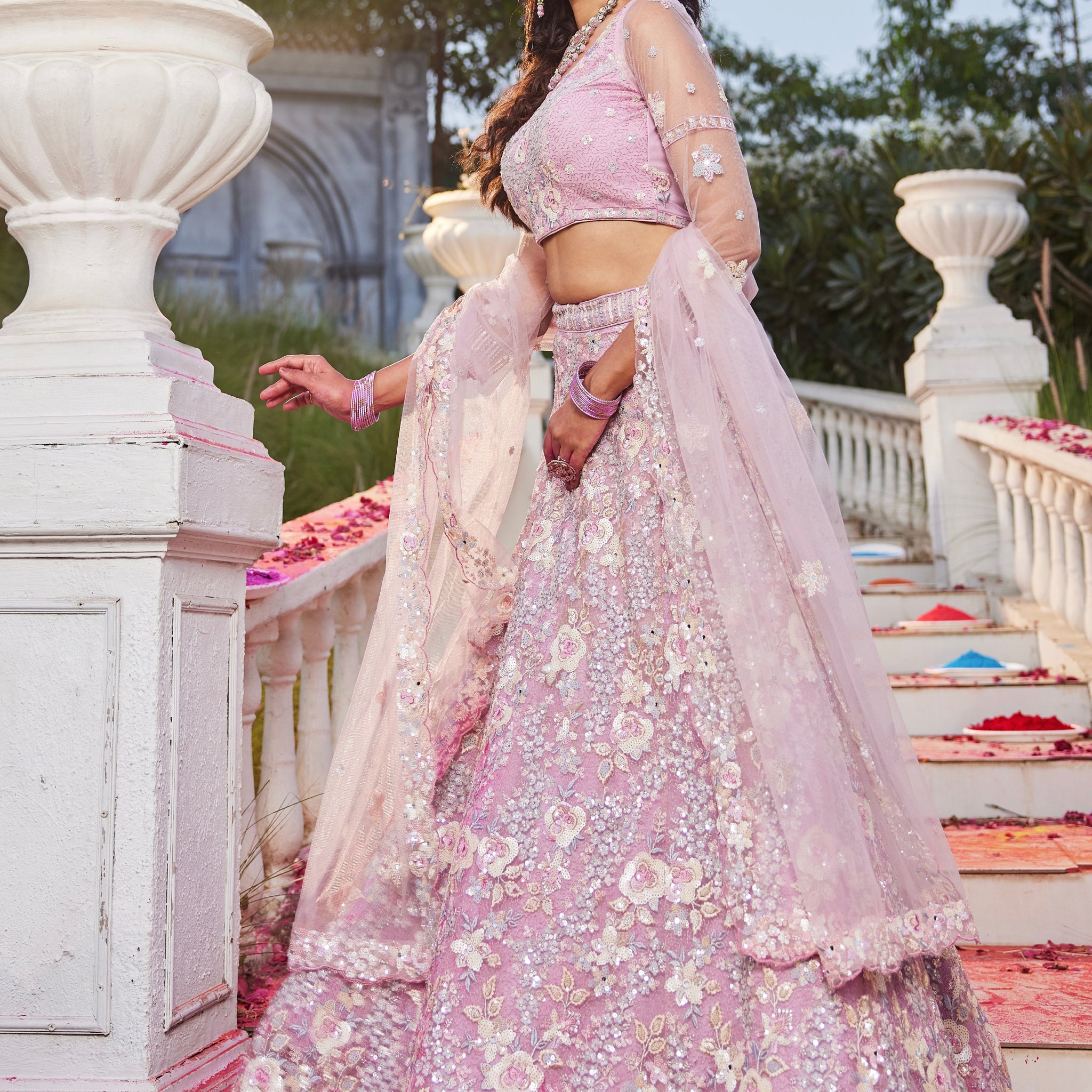 Pink Net Bridal Lehenga with Sequins & Zarkan Embroidery