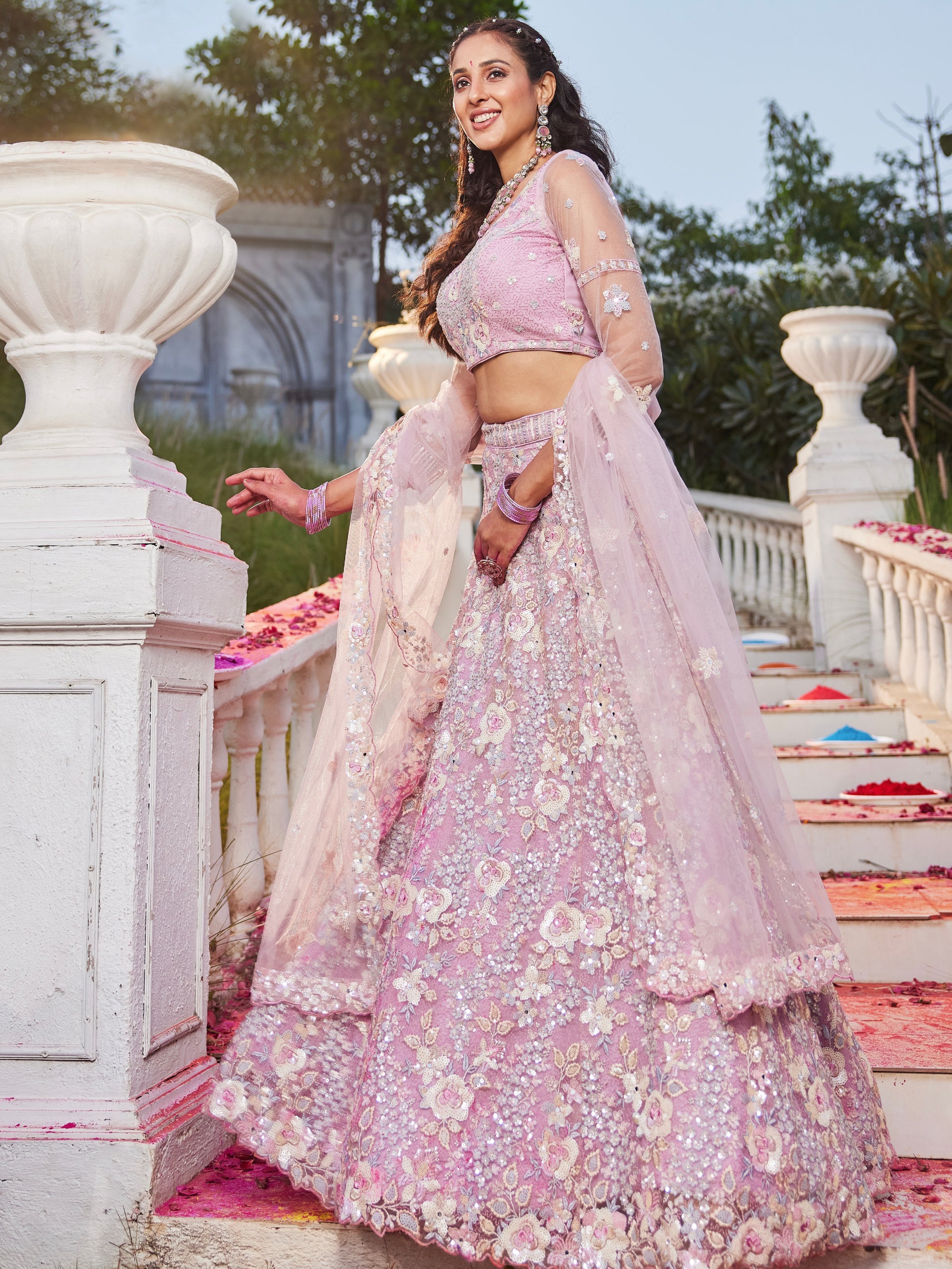 Pink Net Bridal Lehenga with Sequins & Zarkan Embroidery