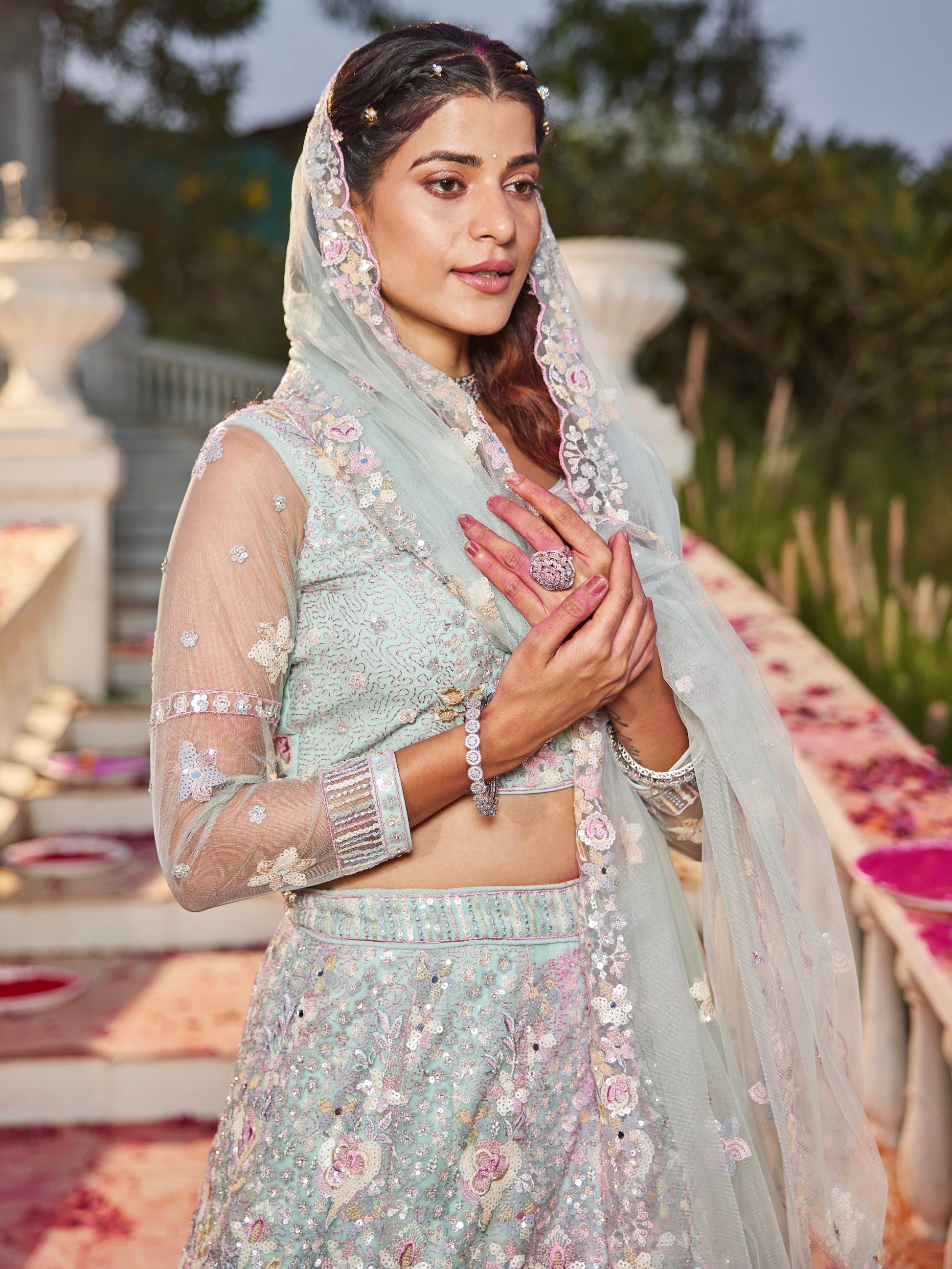 Sea Green Net Bridal Lehenga with Sequins & Zarkan Embroidery