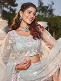 Sea Green Net Bridal Lehenga with Sequins & Zarkan Embroidery