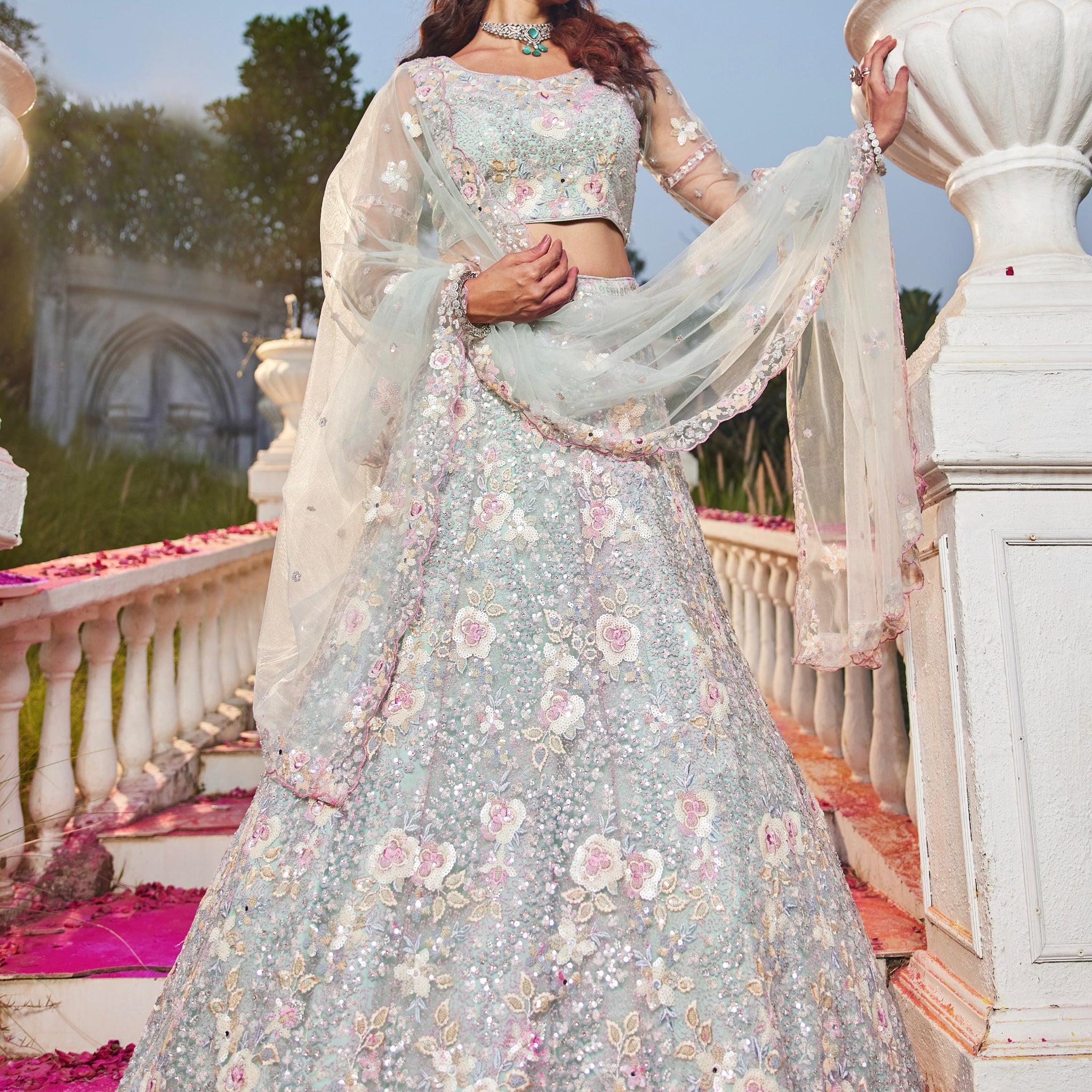 Sea Green Net Bridal Lehenga with Sequins & Zarkan Embroidery