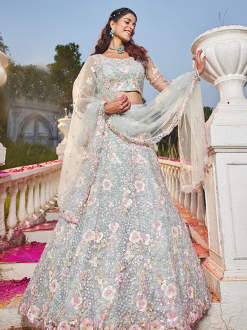 Sea Green Net Bridal Lehenga with Sequins & Zarkan Embroidery