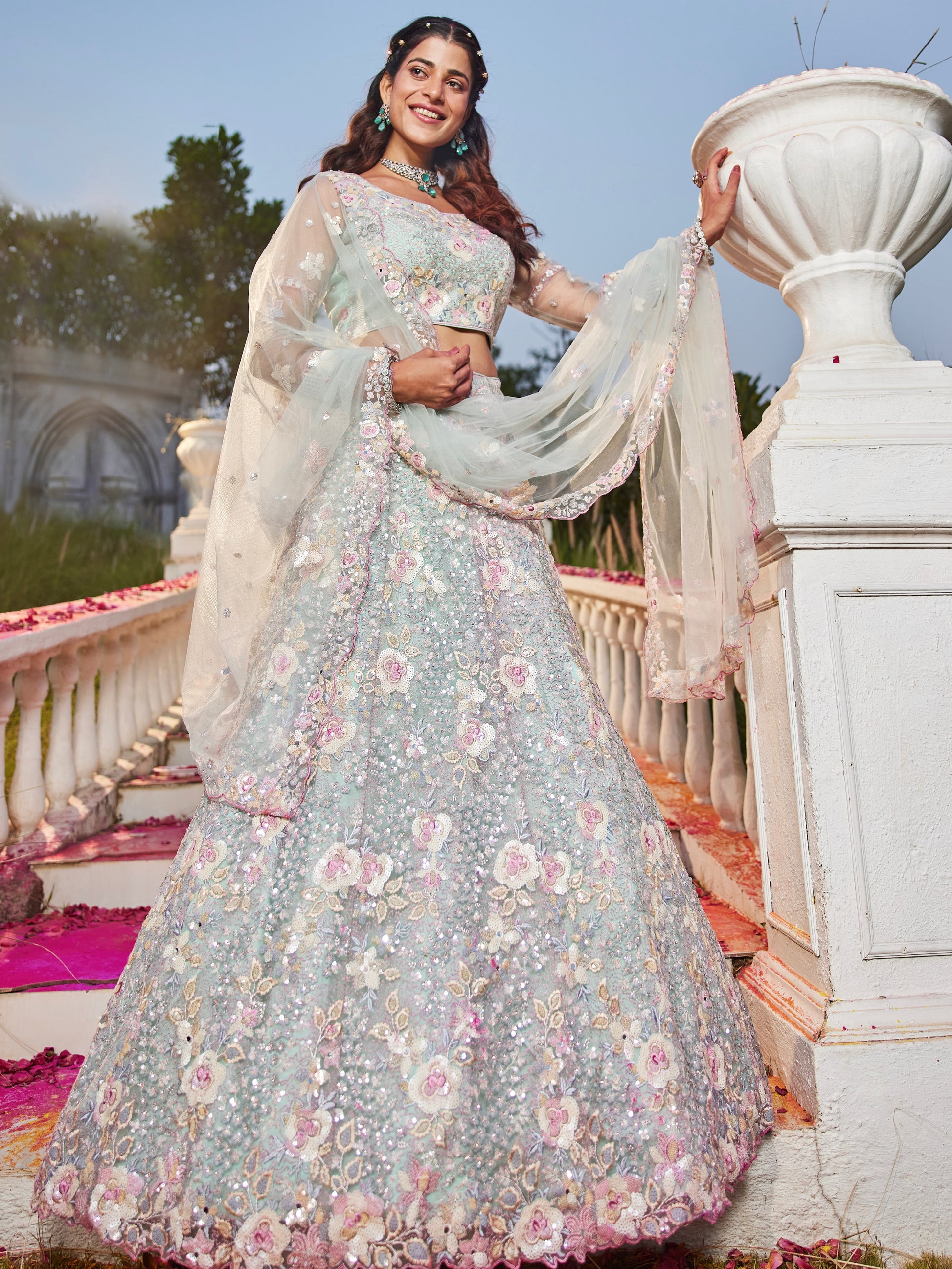 Sea Green Net Bridal Lehenga with Sequins & Zarkan Embroidery