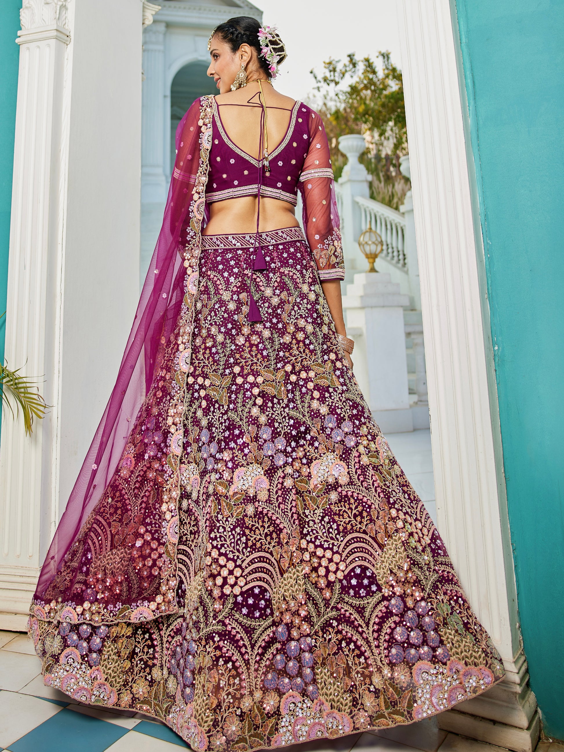 Burgundy Net Bridal Lehenga with Sequins & Zarkan Embroidery