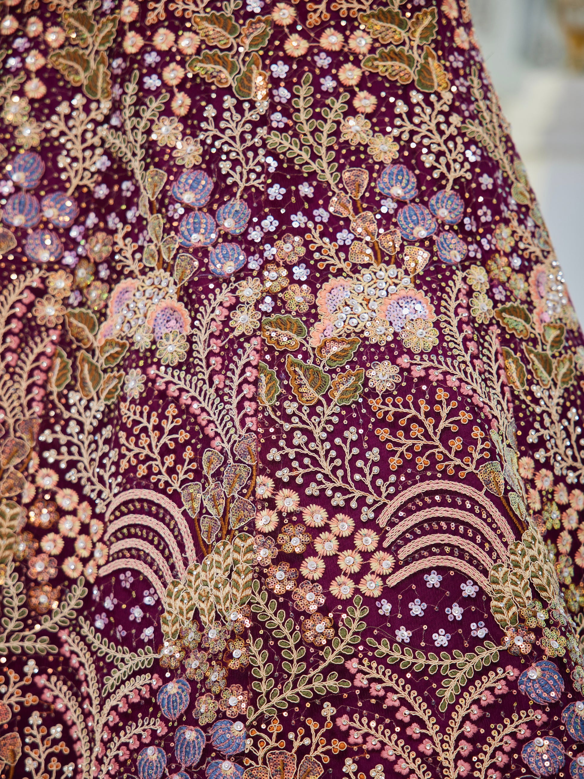 Burgundy Net Bridal Lehenga with Sequins & Zarkan Embroidery