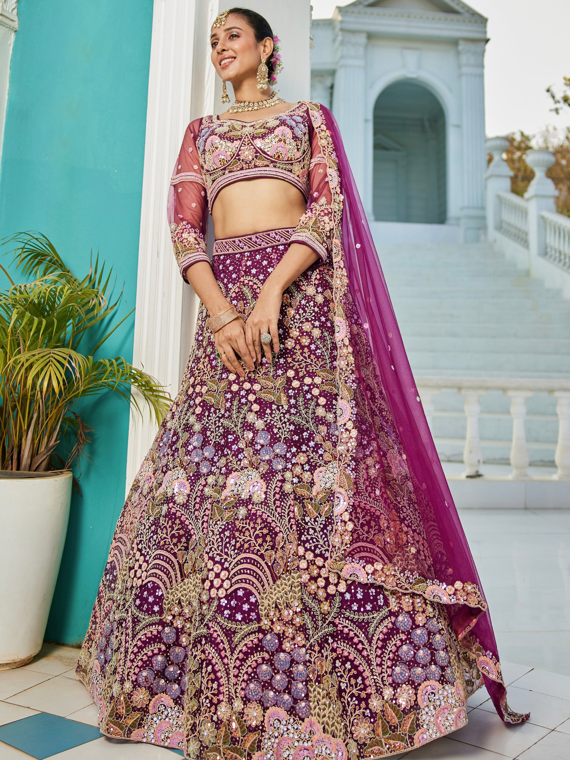 Burgundy Net Bridal Lehenga with Sequins & Zarkan Embroidery