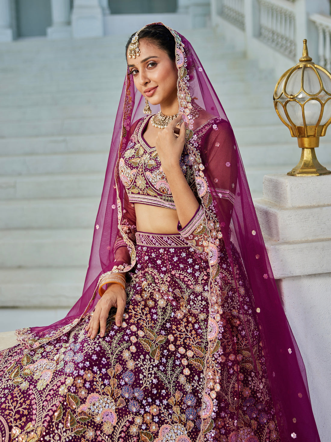 Burgundy Net Bridal Lehenga with Sequins & Zarkan Embroidery