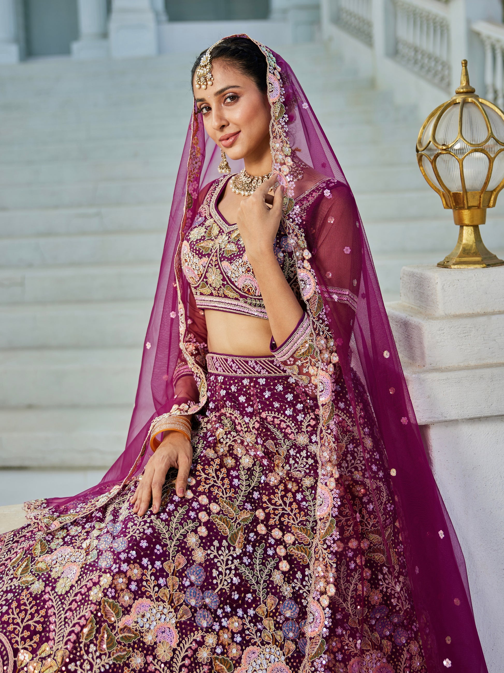 Burgundy Net Bridal Lehenga with Sequins & Zarkan Embroidery