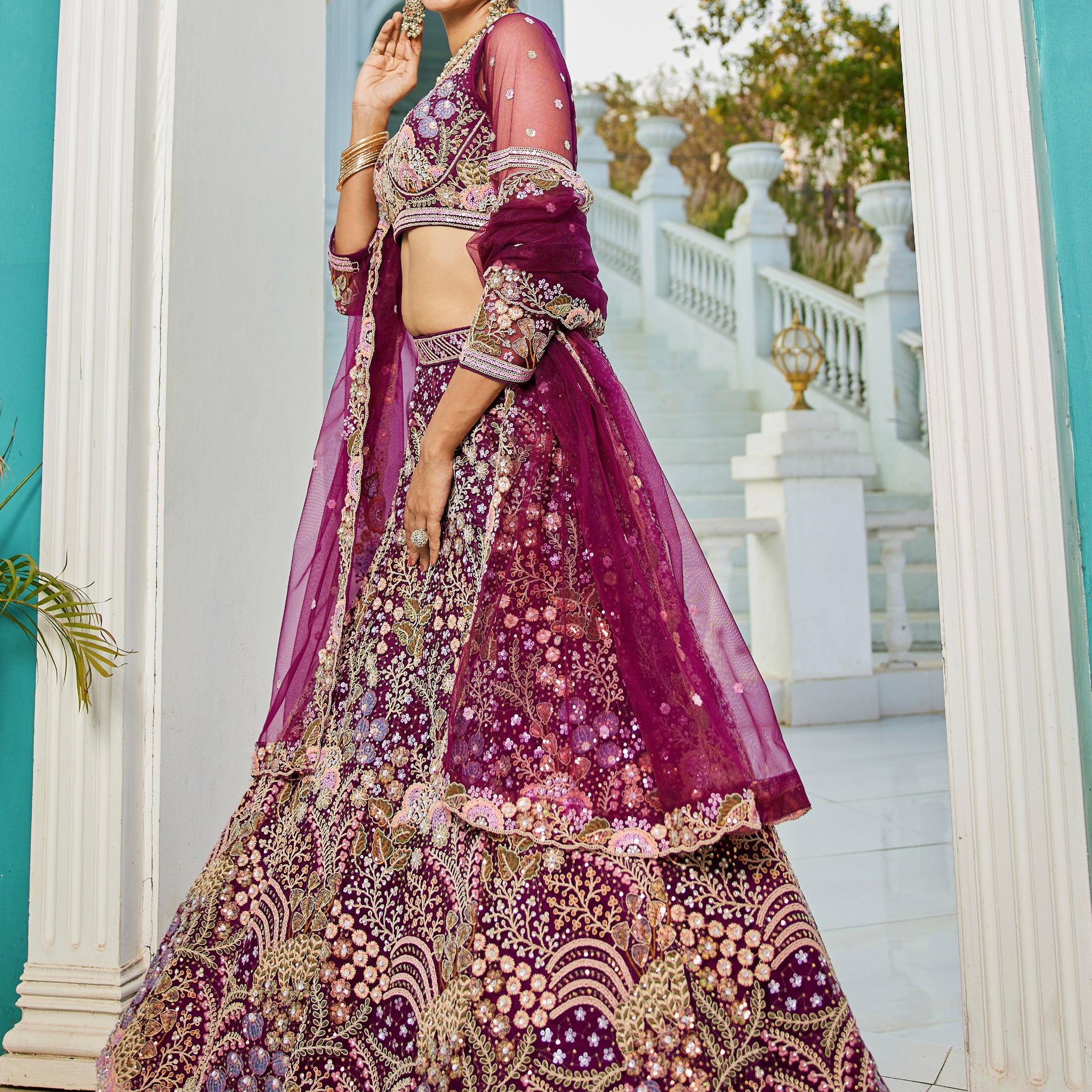 Burgundy Net Bridal Lehenga with Sequins & Zarkan Embroidery