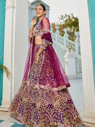 Burgundy Net Bridal Lehenga with Sequins & Zarkan Embroidery