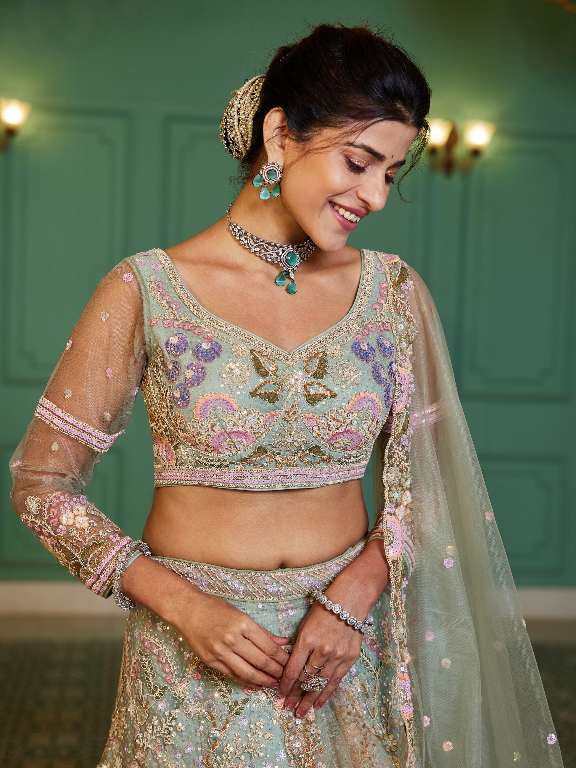 Lime Green Net Bridal Lehenga with Sequins & Zarkan Embroidery