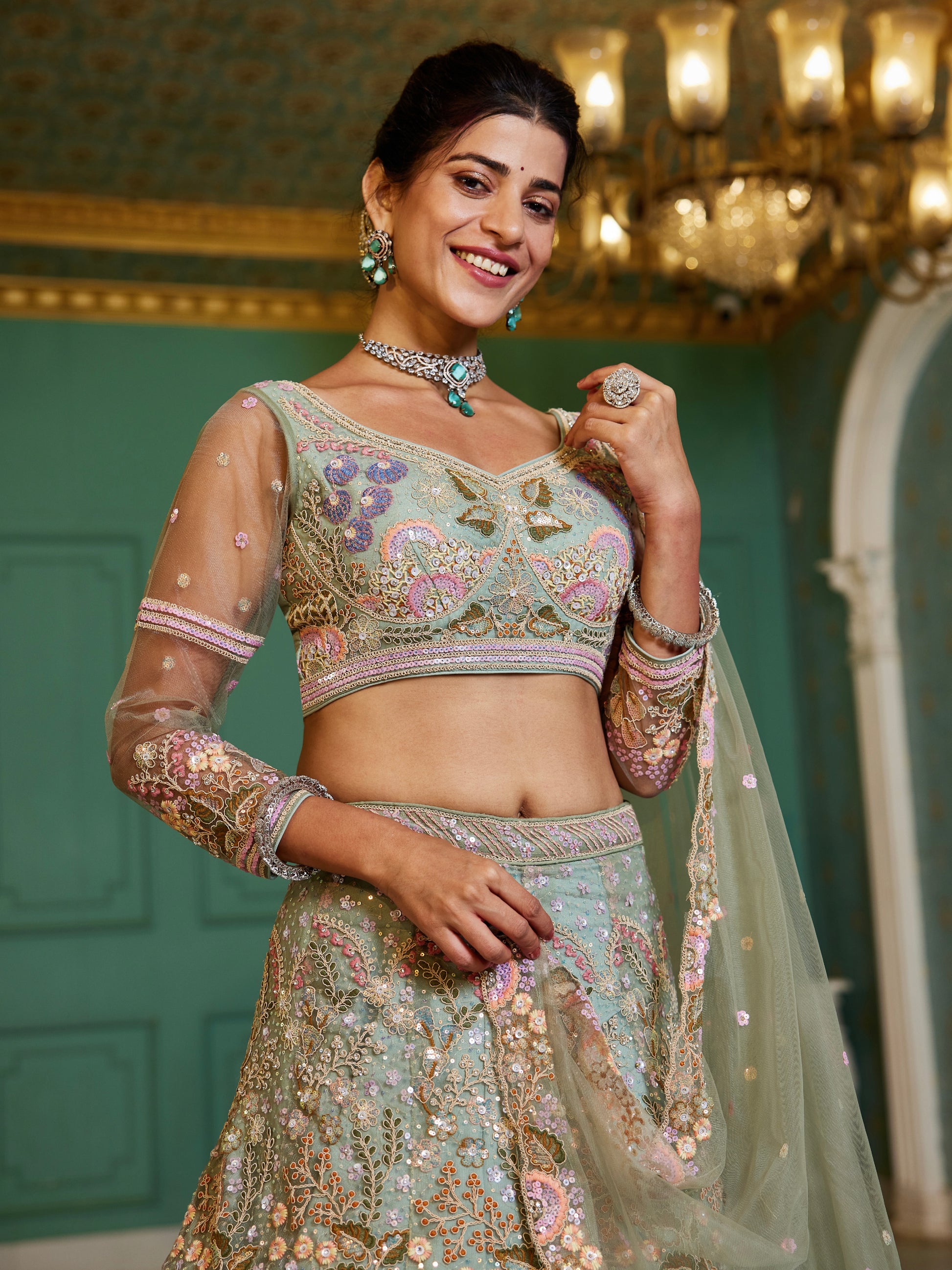 Lime Green Net Bridal Lehenga with Sequins & Zarkan Embroidery