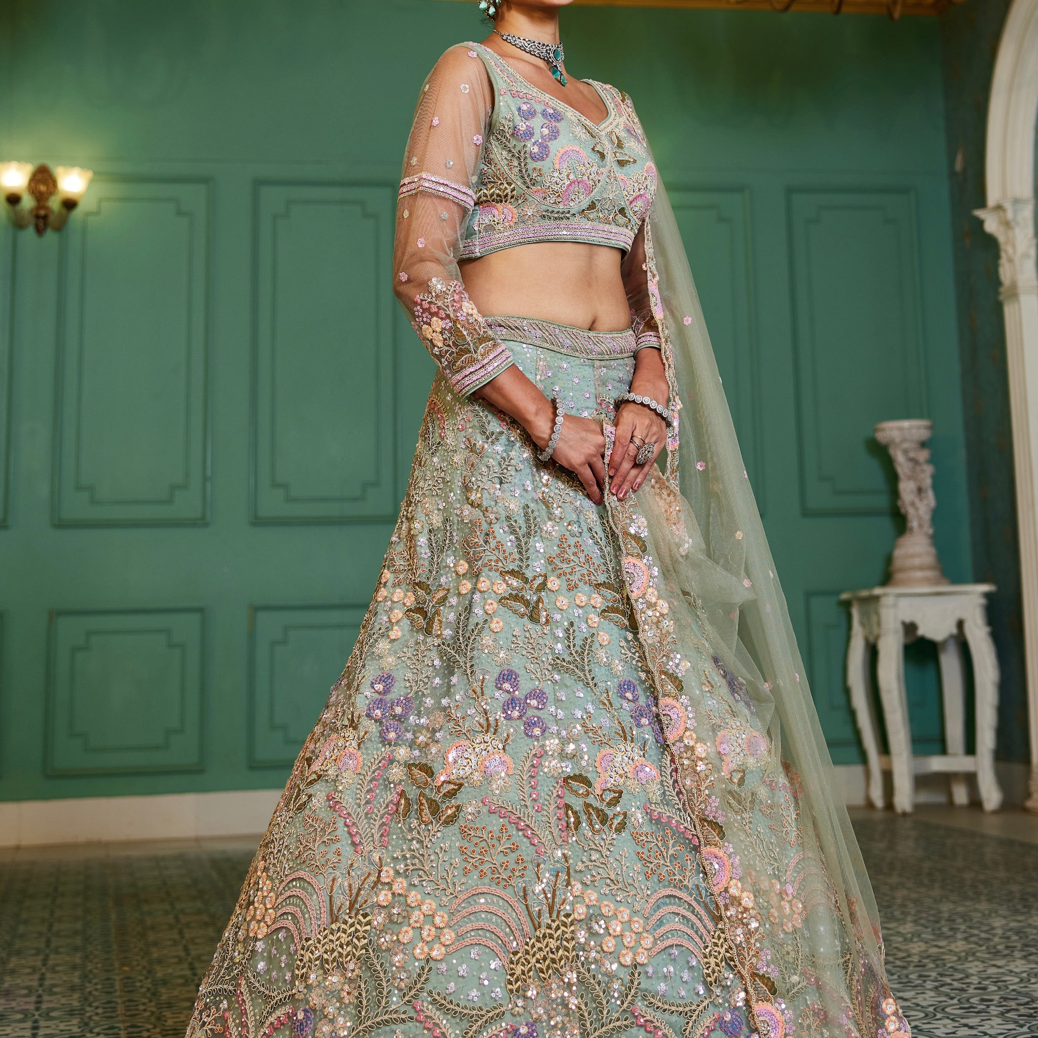 Lime Green Net Bridal Lehenga with Sequins & Zarkan Embroidery