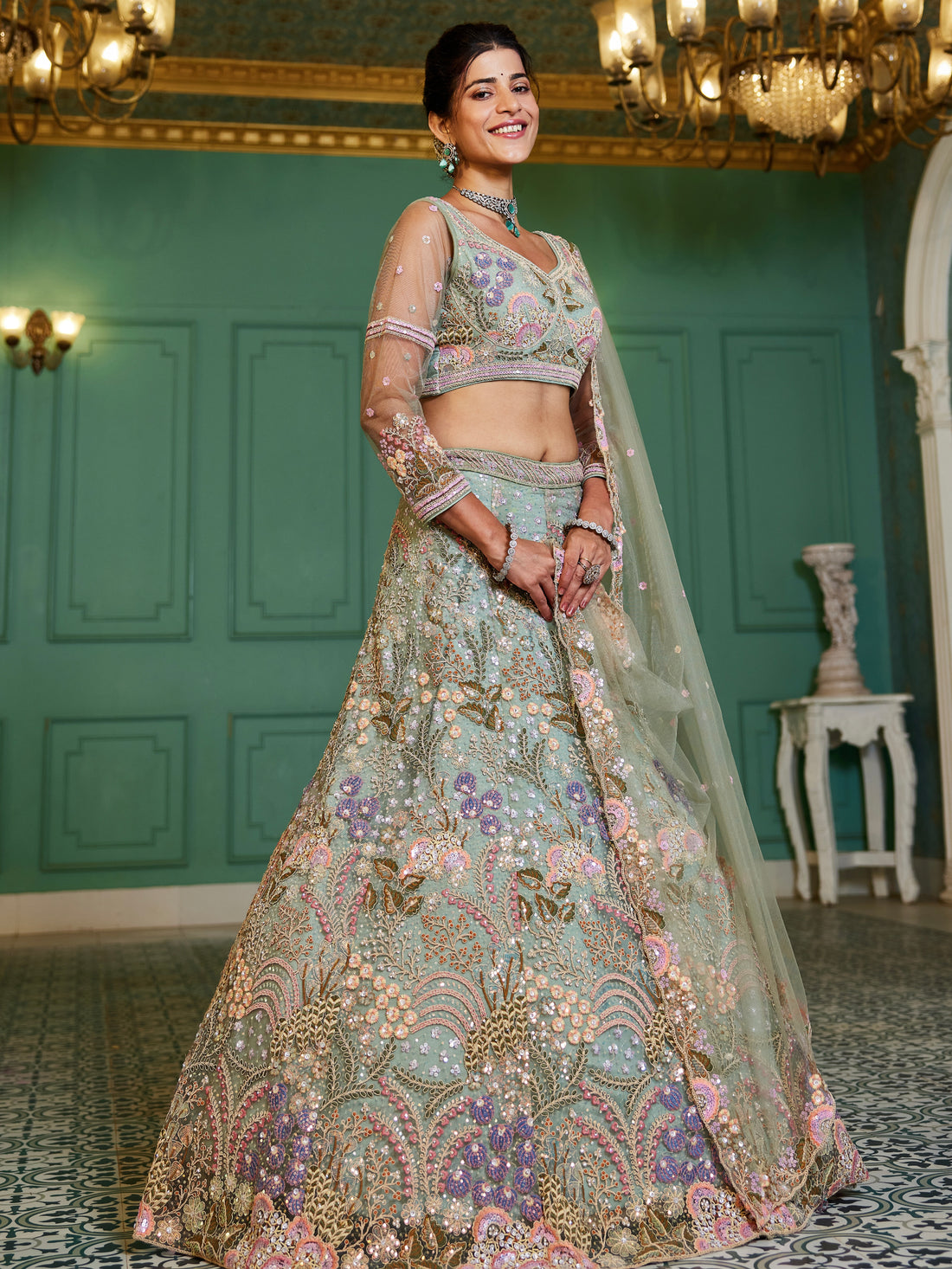 Lime Green Net Bridal Lehenga with Sequins & Zarkan Embroidery