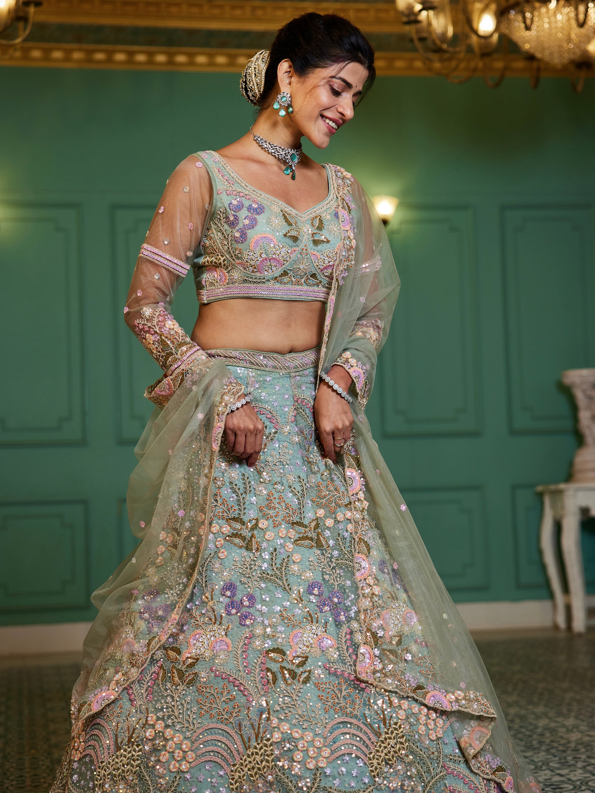 Lime Green Net Bridal Lehenga with Sequins & Zarkan Embroidery