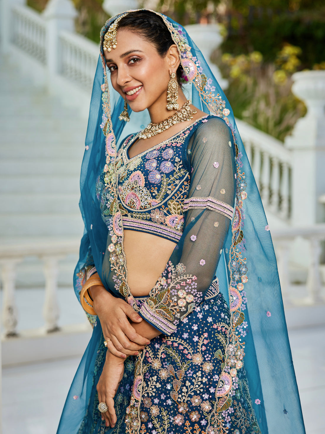 Navy Blue Net Bridal Lehenga with Sequins & Zarkan Work