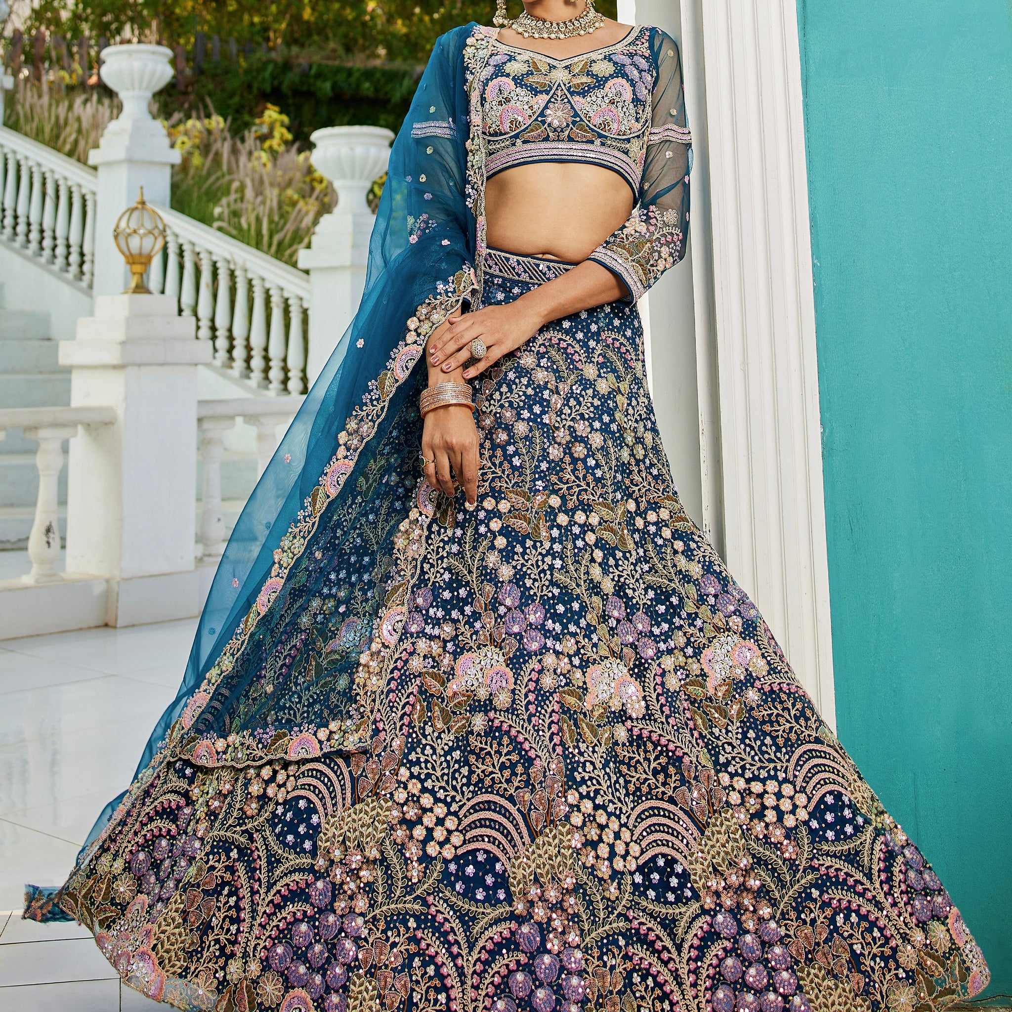 Navy Blue Net Bridal Lehenga with Sequins & Zarkan Work