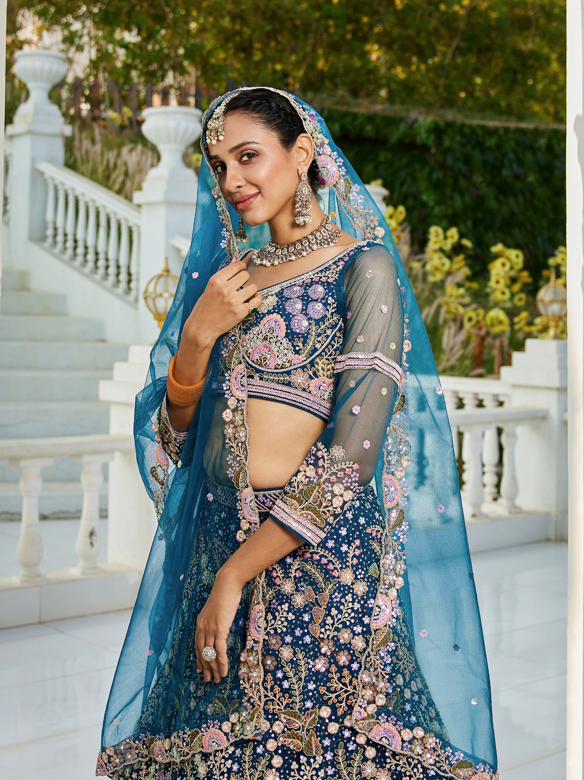 Navy Blue Net Bridal Lehenga with Sequins & Zarkan Work