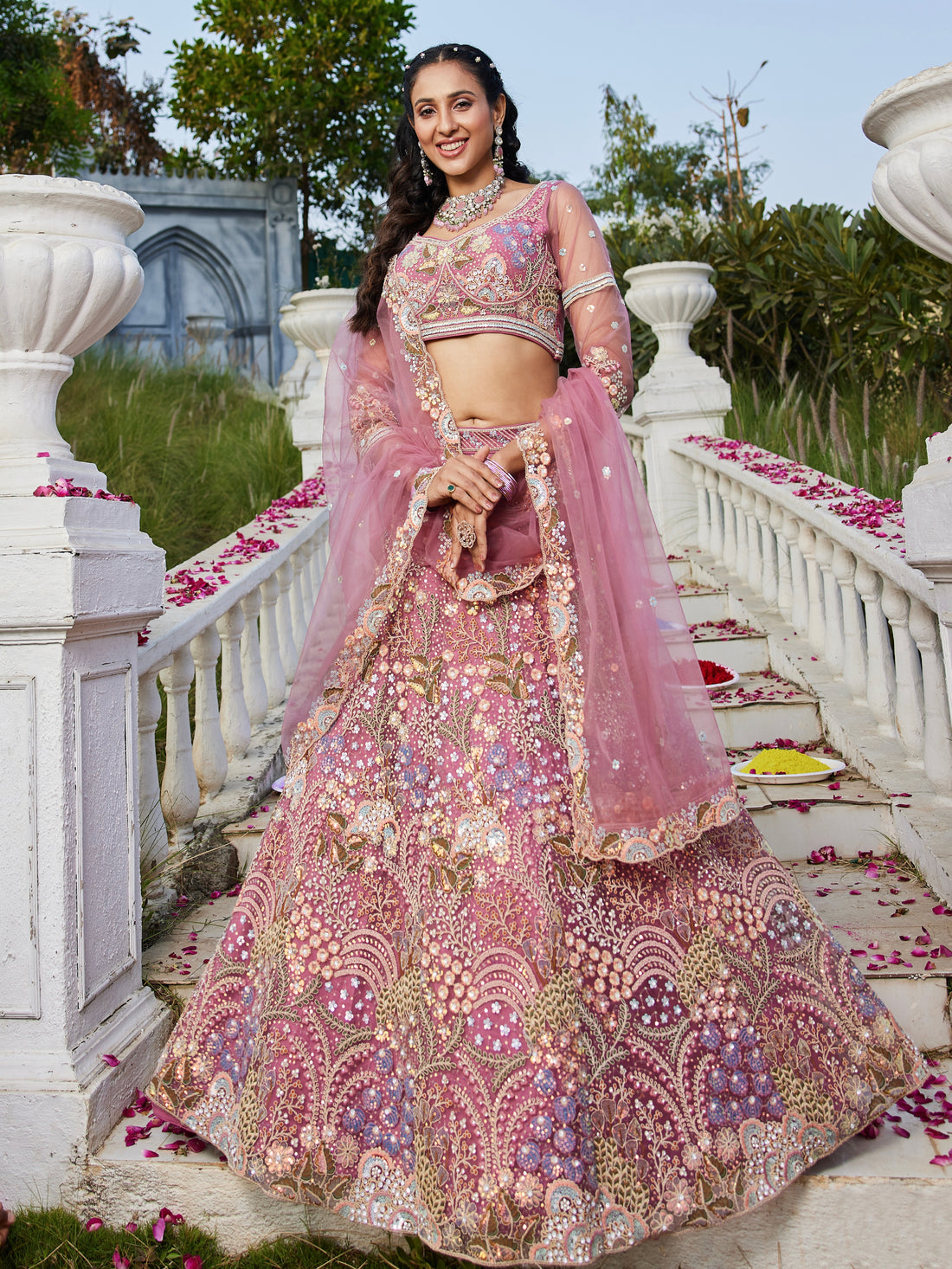 Pink Net Bridal Lehenga with Sequins & Zarkan Embroidery