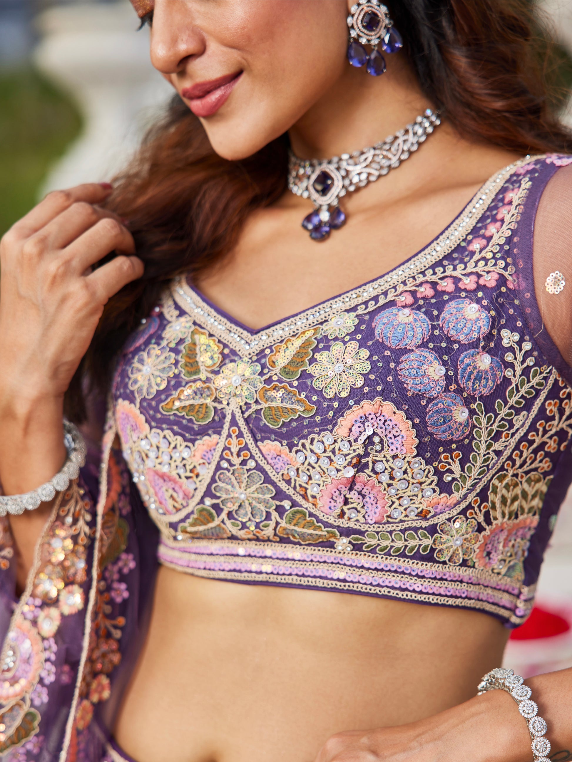 Purple Net Bridal Lehenga with Sequins & Zarkan Embroidery