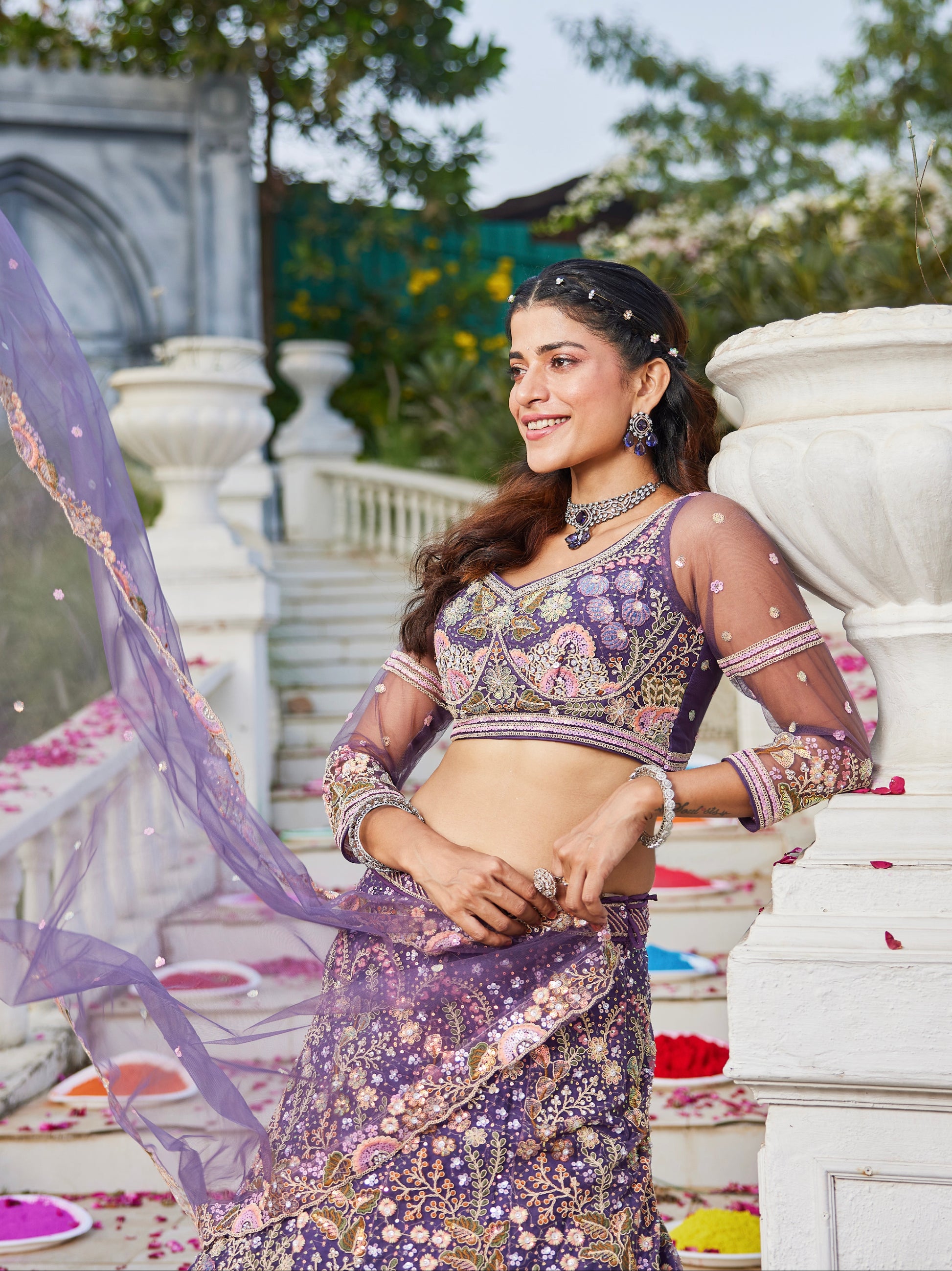 Purple Net Bridal Lehenga with Sequins & Zarkan Embroidery