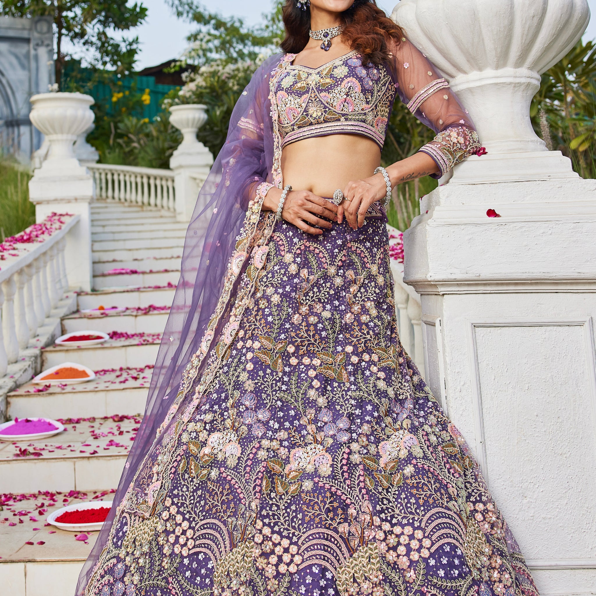 Purple Net Bridal Lehenga with Sequins & Zarkan Embroidery