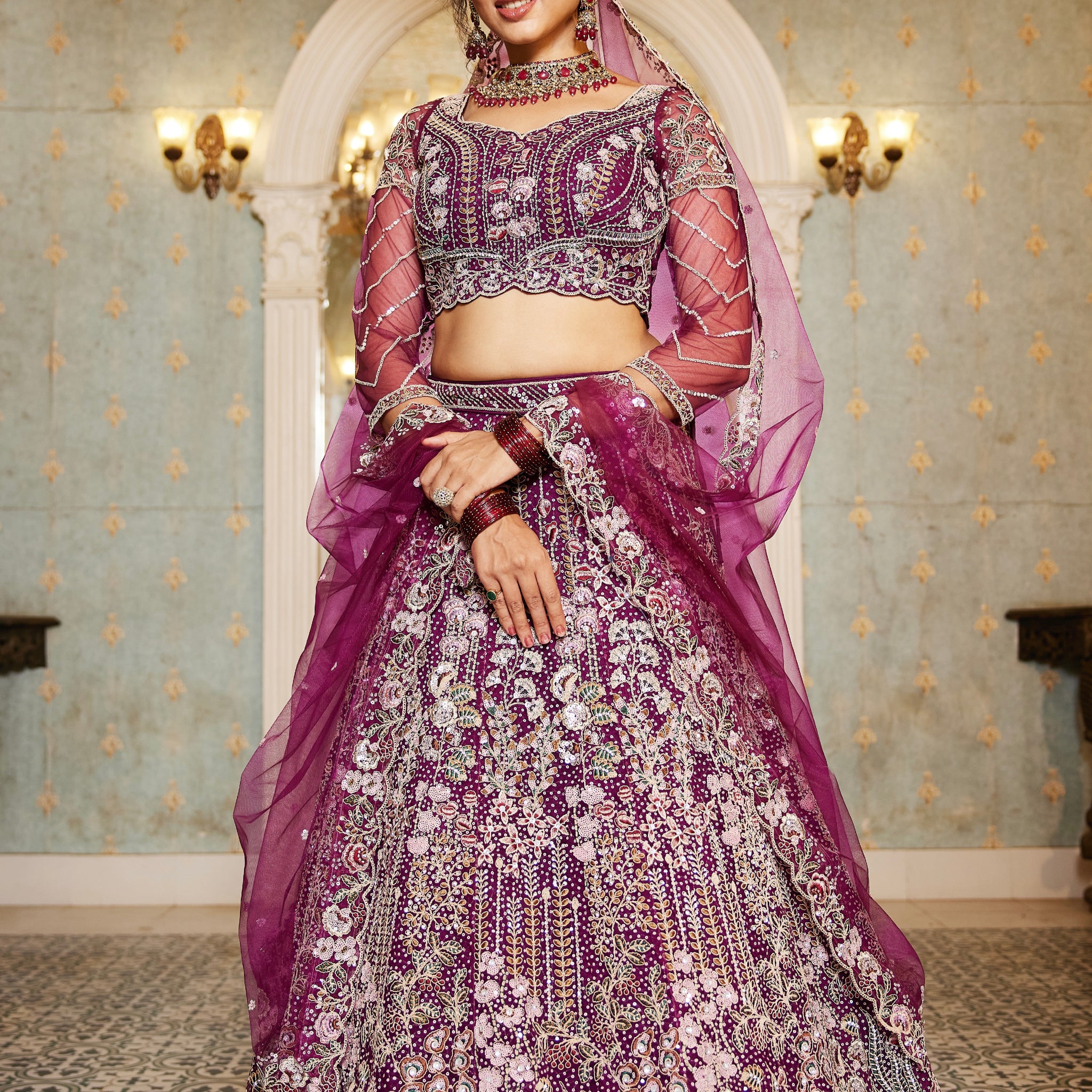 Burgundy Net Bridal Lehenga with Sequins & Zarkan Work