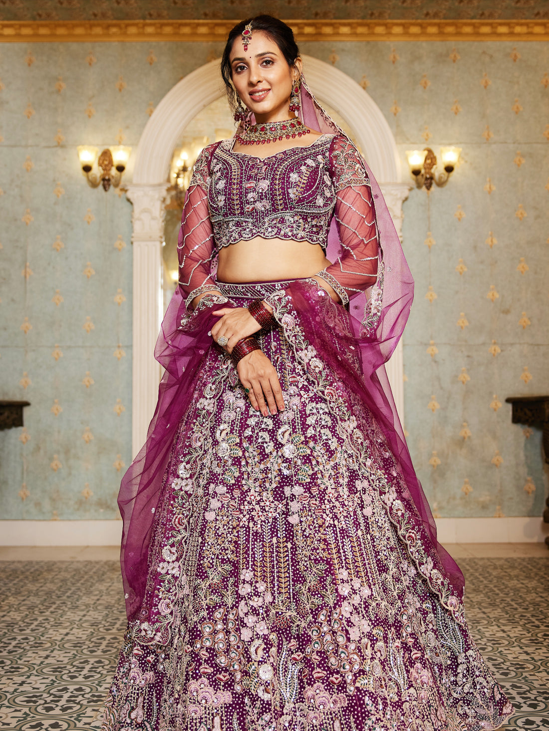 Burgundy Net Bridal Lehenga with Sequins & Zarkan Work