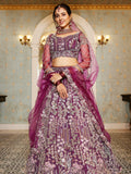 Burgundy Net Bridal Lehenga with Sequins & Zarkan Work