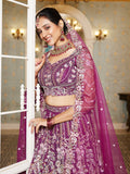 Burgundy Net Bridal Lehenga with Sequins & Zarkan Work