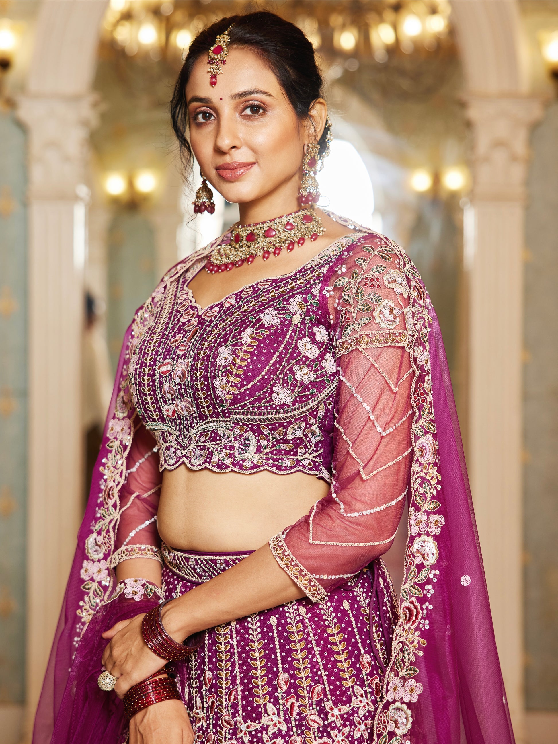 Burgundy Net Bridal Lehenga with Sequins & Zarkan Work