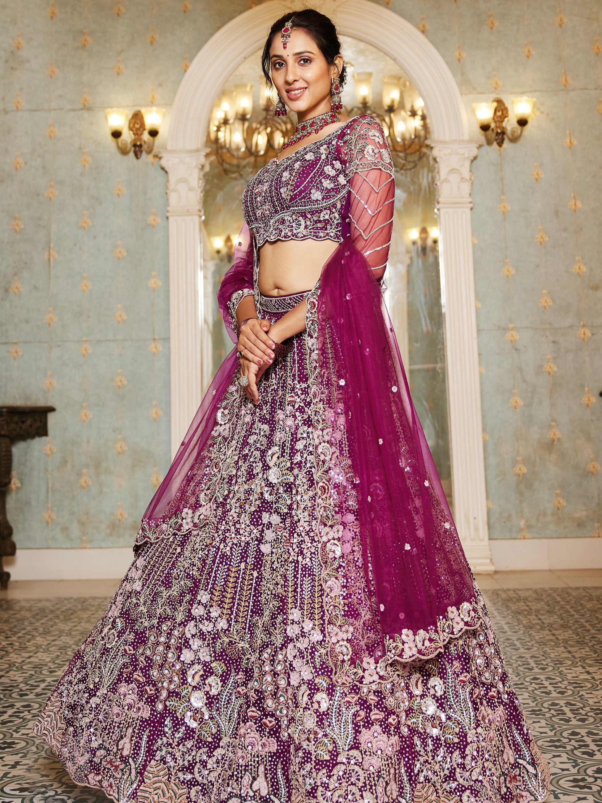 Burgundy Net Bridal Lehenga with Sequins & Zarkan Work