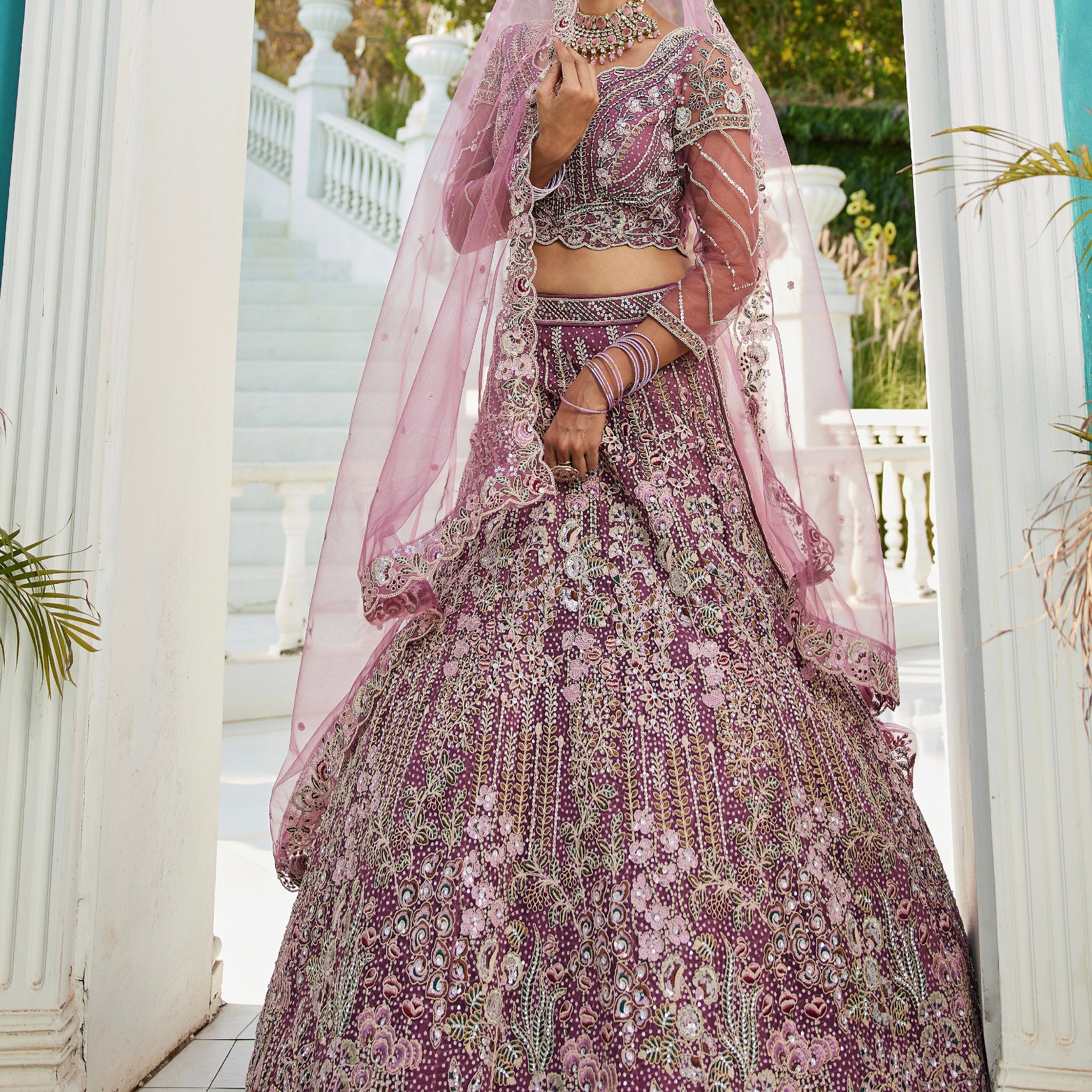 Lavender Net Bridal Lehenga with Sequins & Zarkan Embroidery