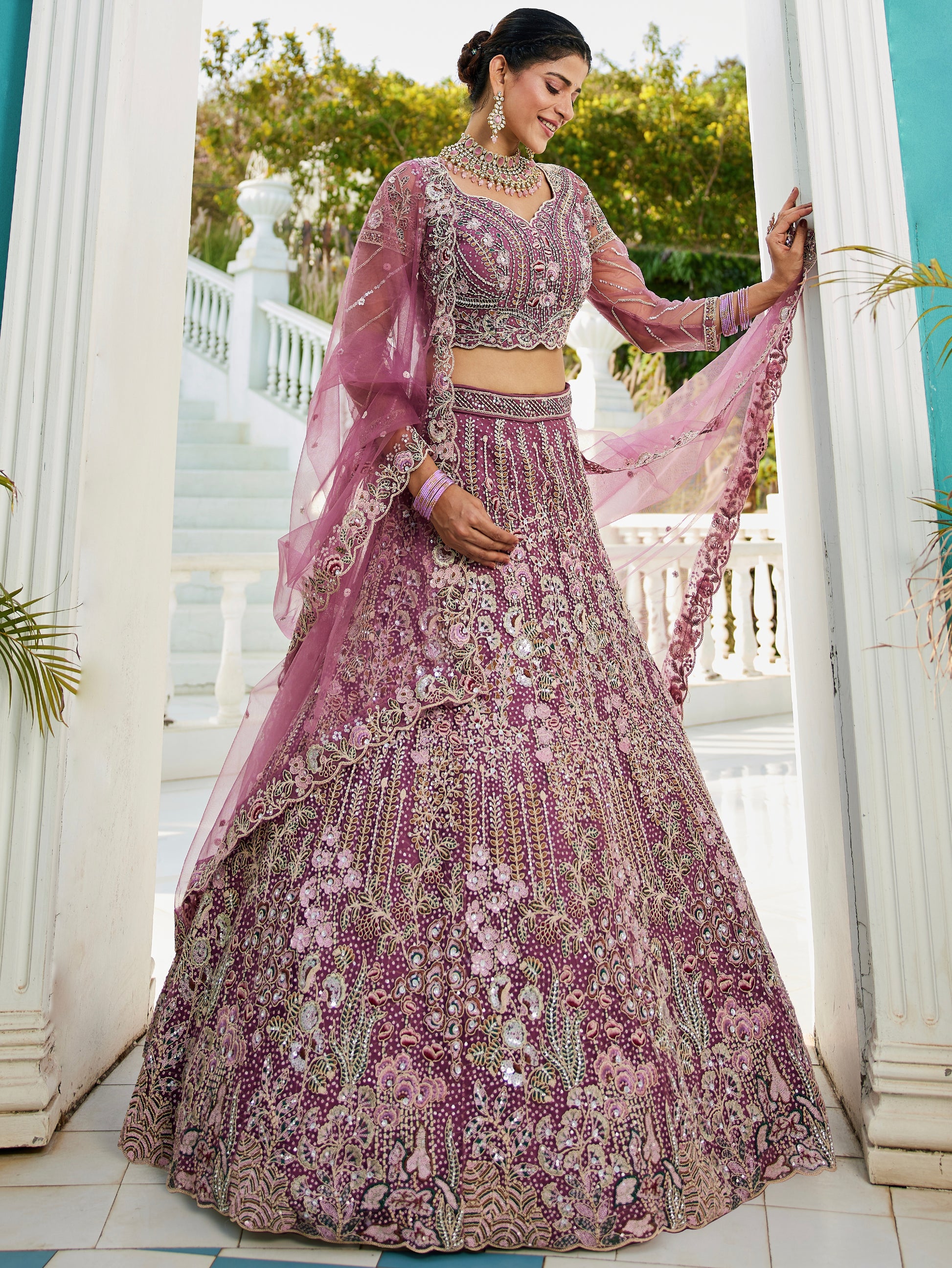 Lavender Net Bridal Lehenga with Sequins & Zarkan Embroidery