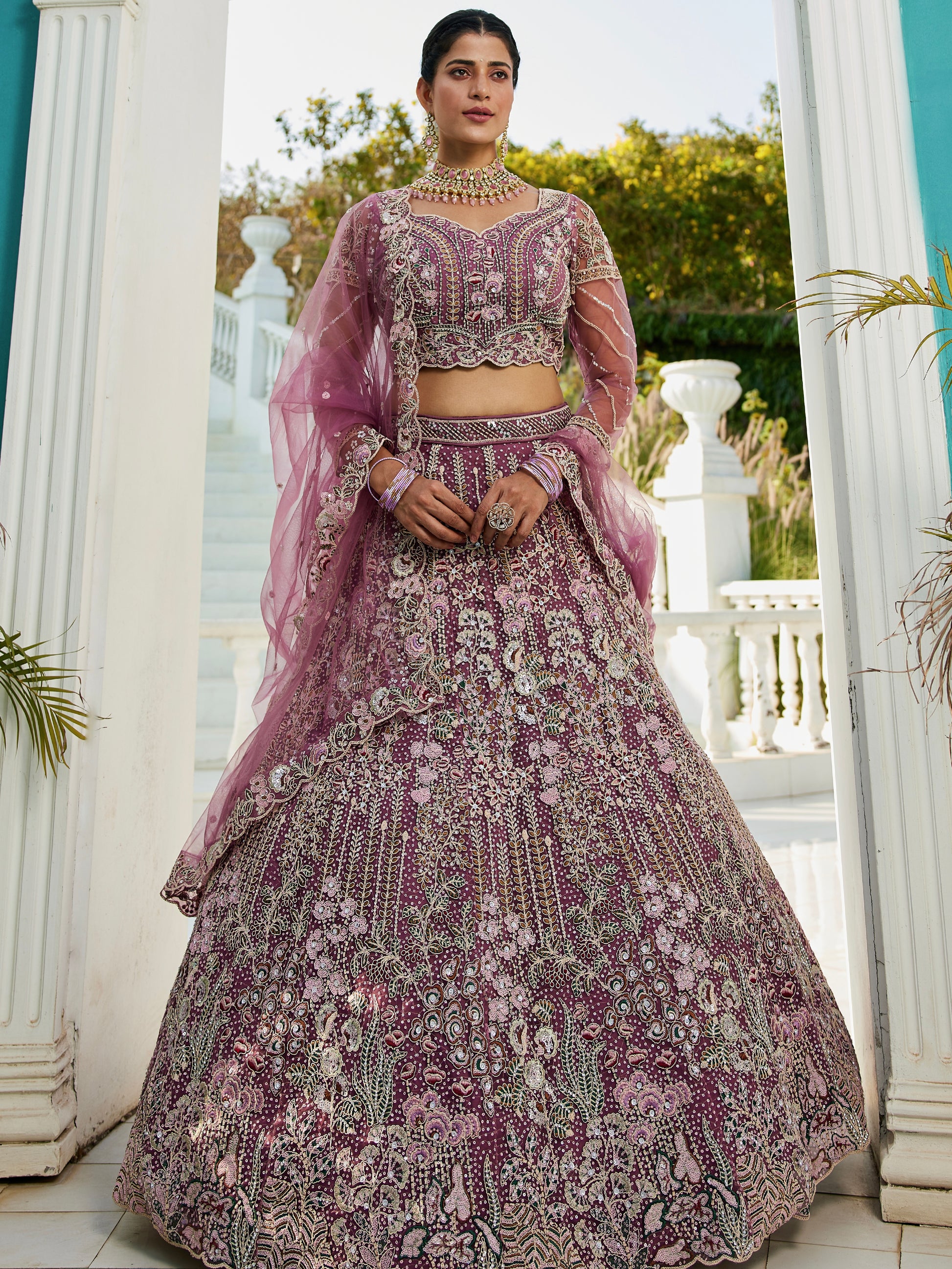 Lavender Net Bridal Lehenga with Sequins & Zarkan Embroidery