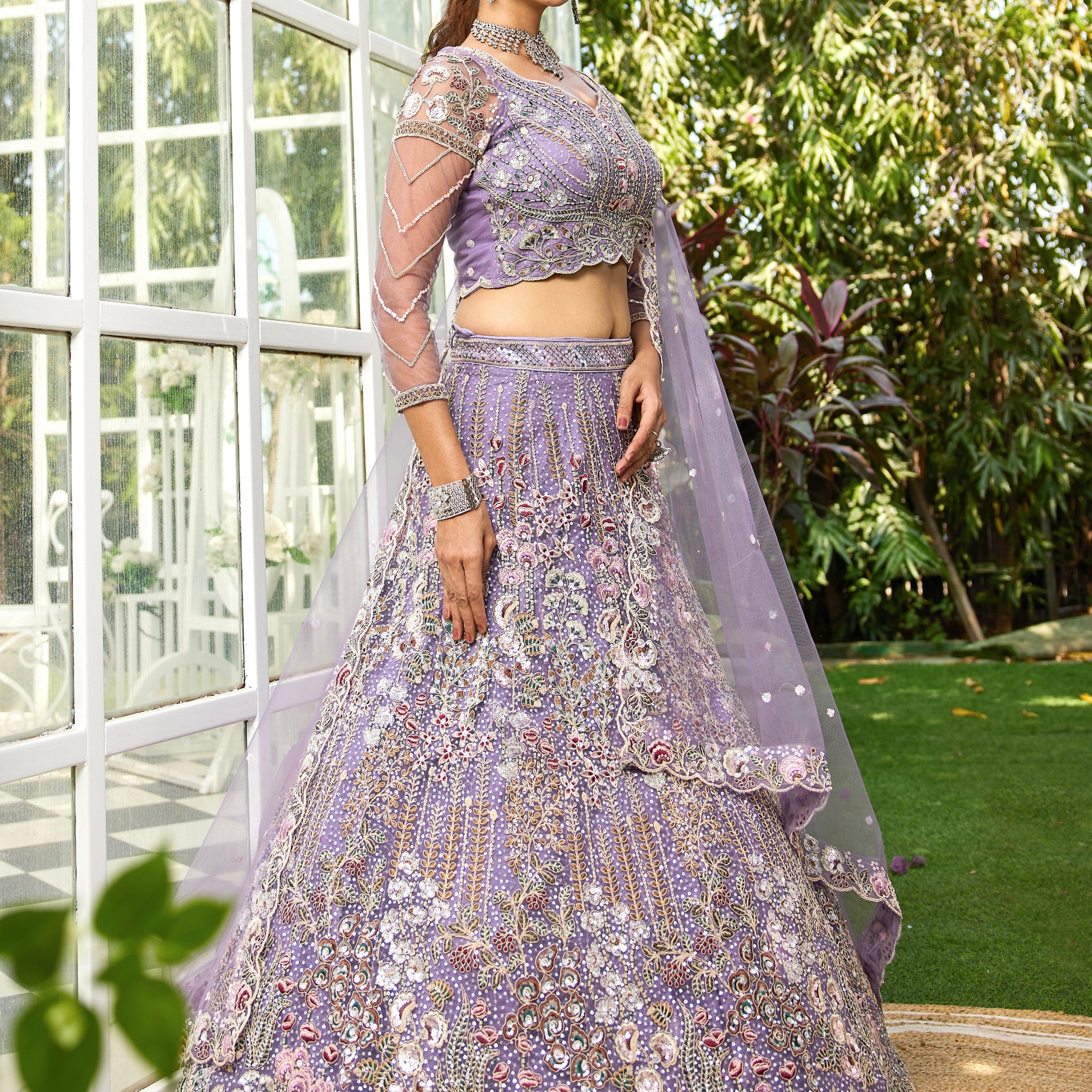 Mauve Net Bridal Lehenga with Sequins & Zarkan Embroidery