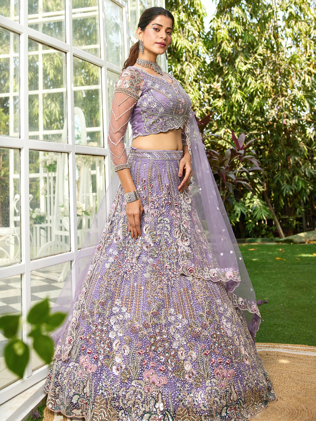 Mauve Net Bridal Lehenga with Sequins & Zarkan Embroidery