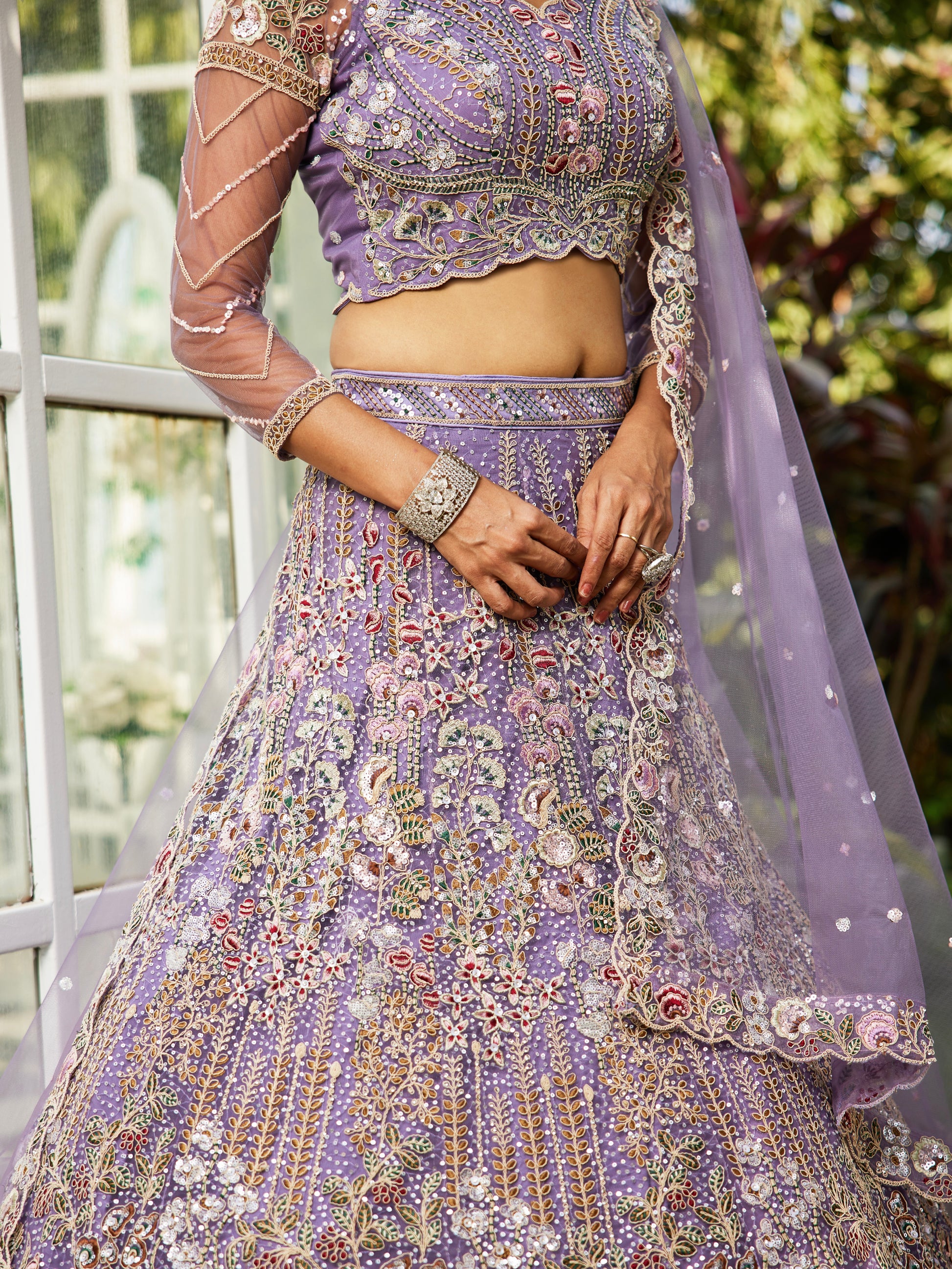 Mauve Net Bridal Lehenga with Sequins & Zarkan Embroidery