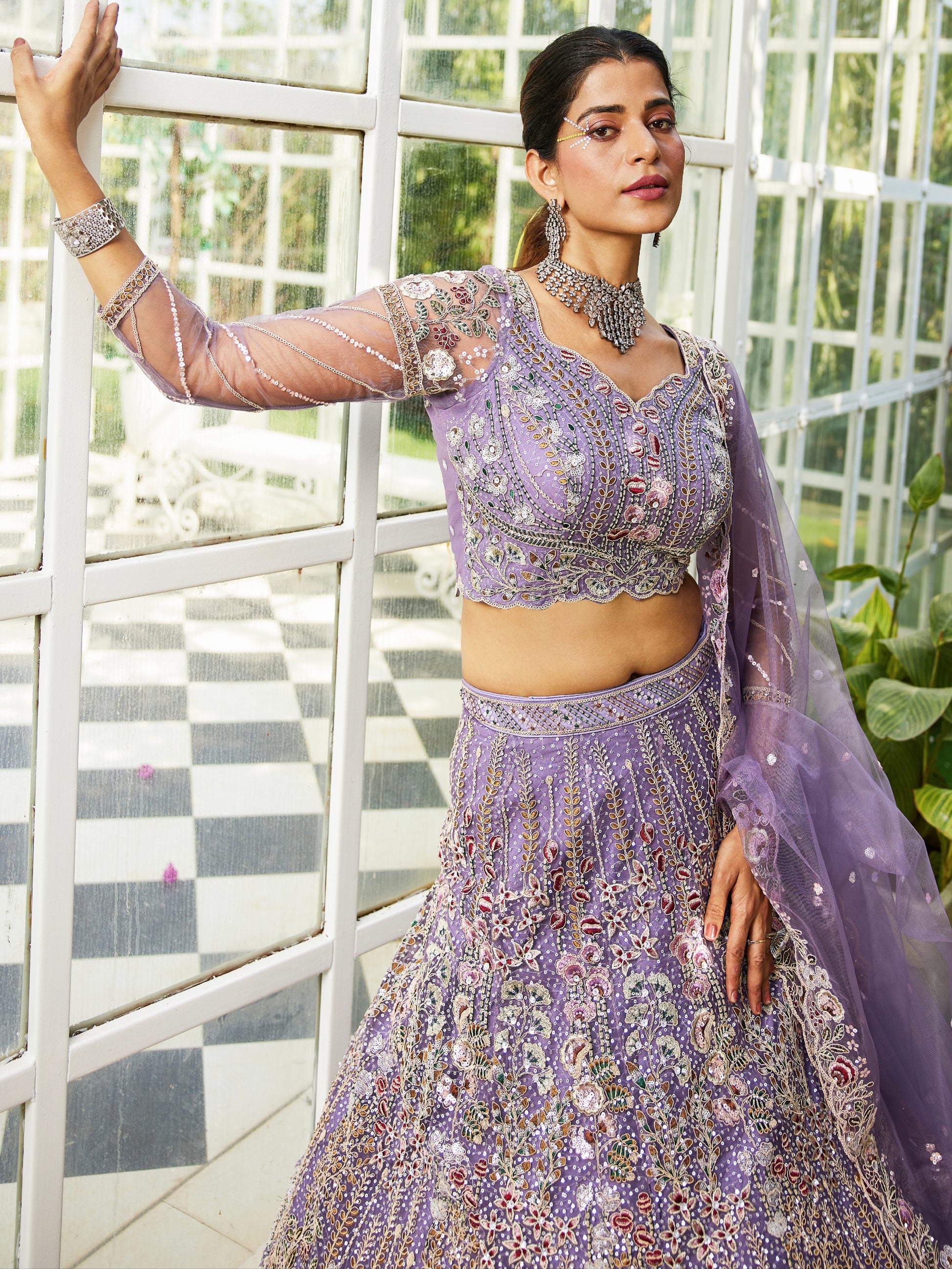 Mauve Net Bridal Lehenga with Sequins & Zarkan Embroidery