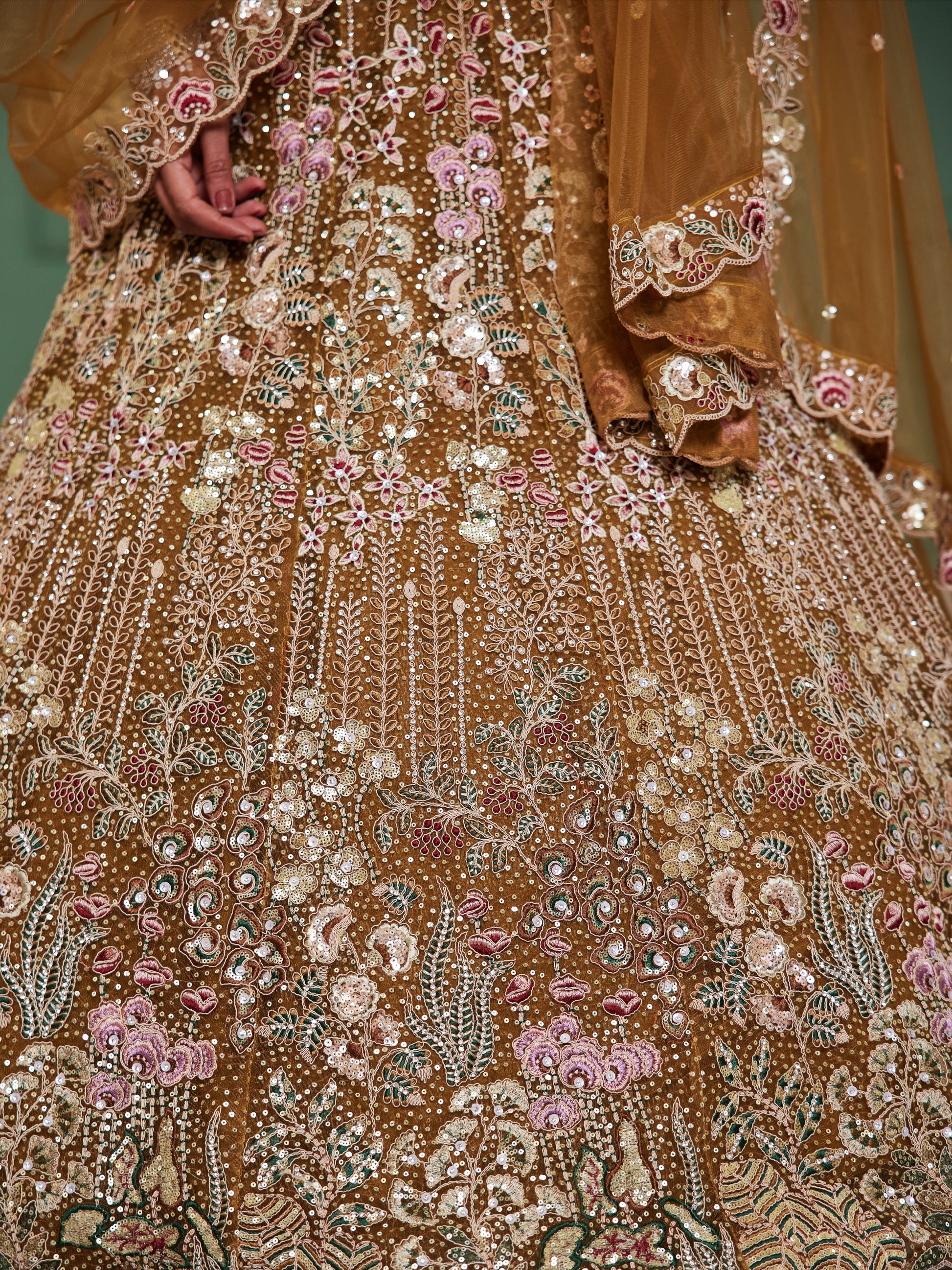 Mustard Net Bridal Lehenga with Sequins & Zarkan Embroidery