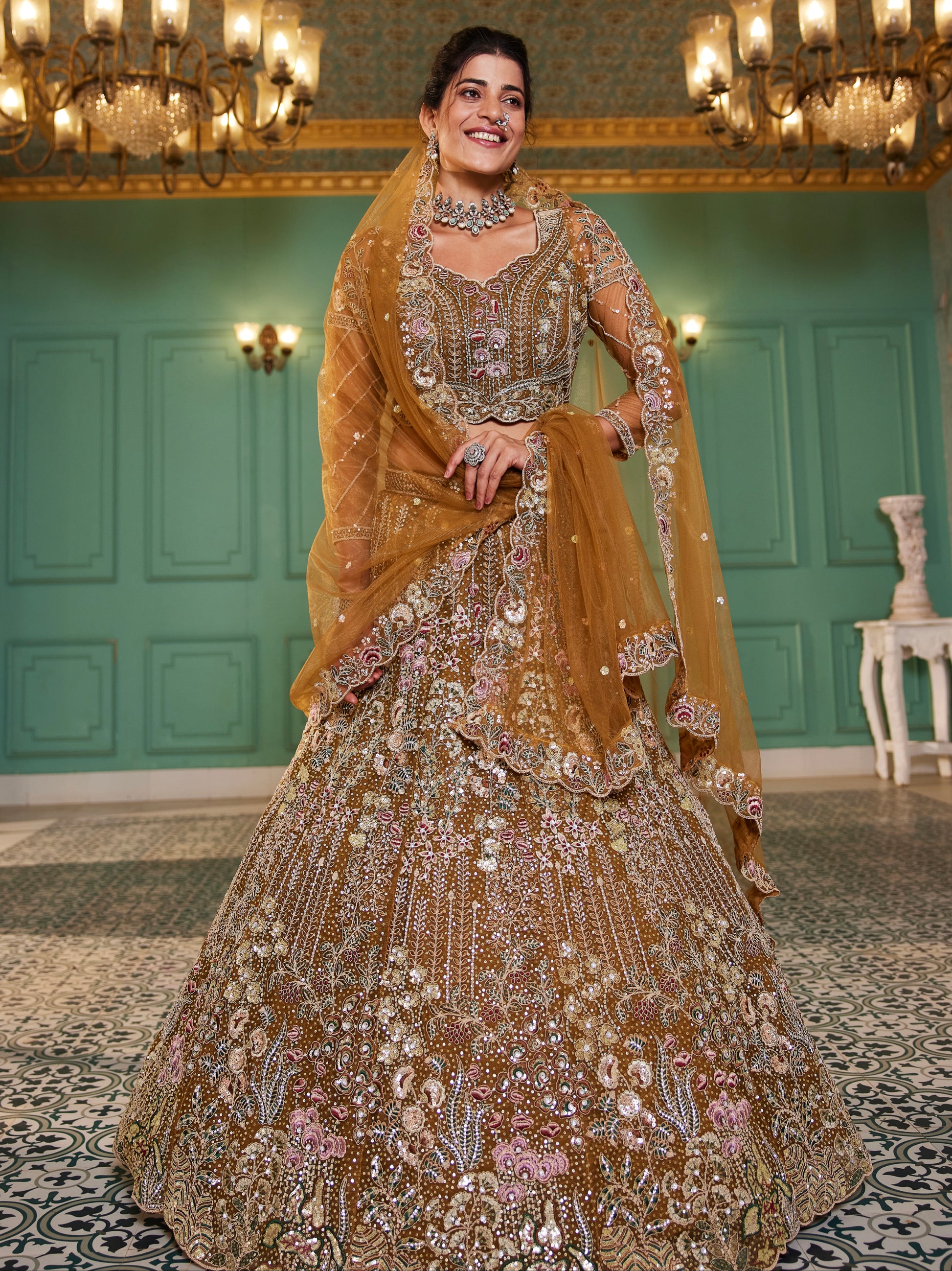 Mustard Net Bridal Lehenga with Sequins & Zarkan Embroidery