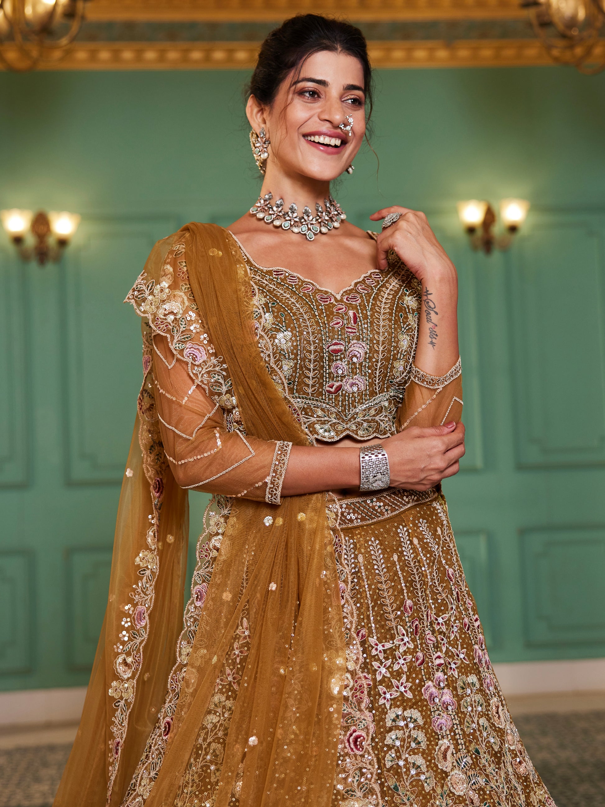 Mustard Net Bridal Lehenga with Sequins & Zarkan Embroidery