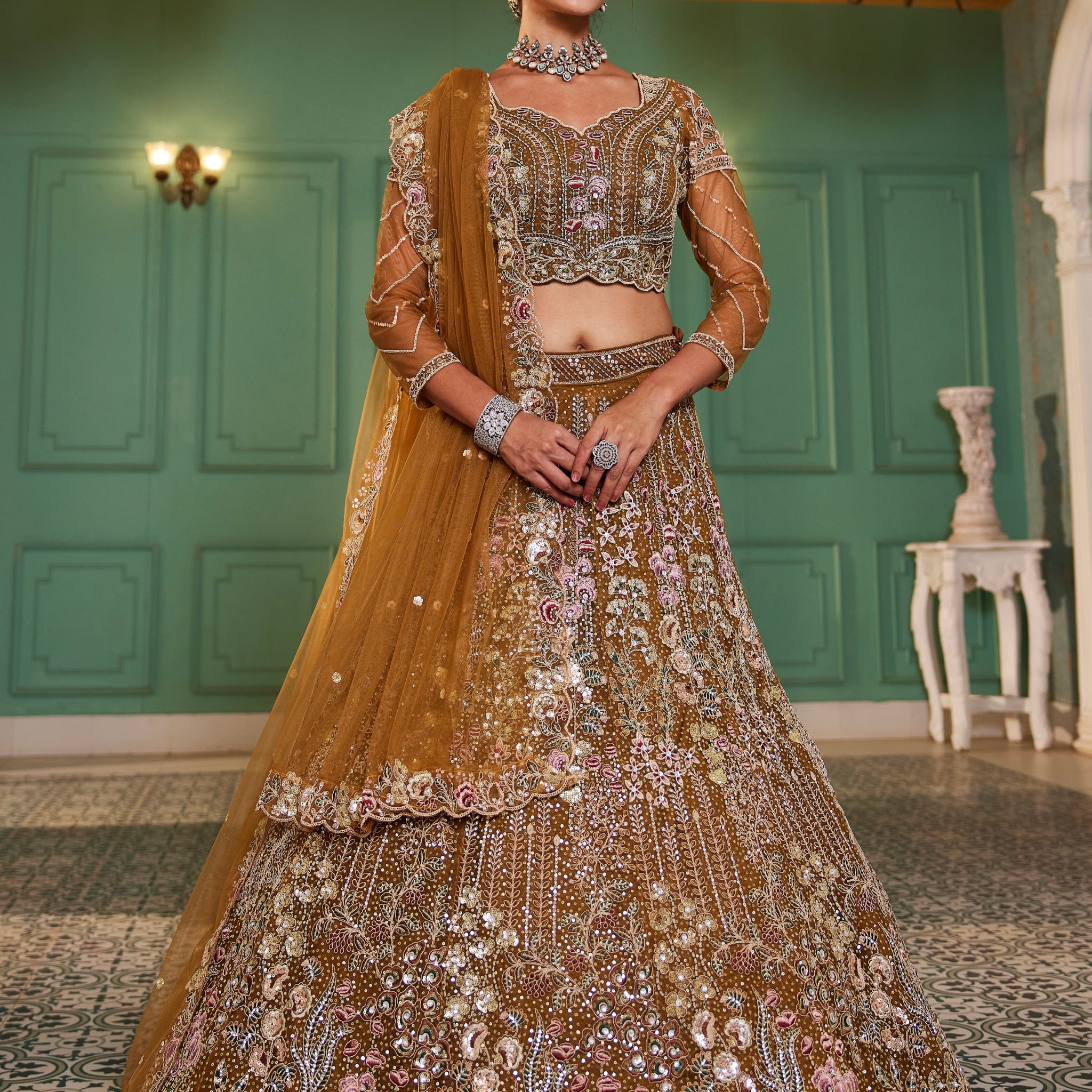 Mustard Net Bridal Lehenga with Sequins & Zarkan Embroidery