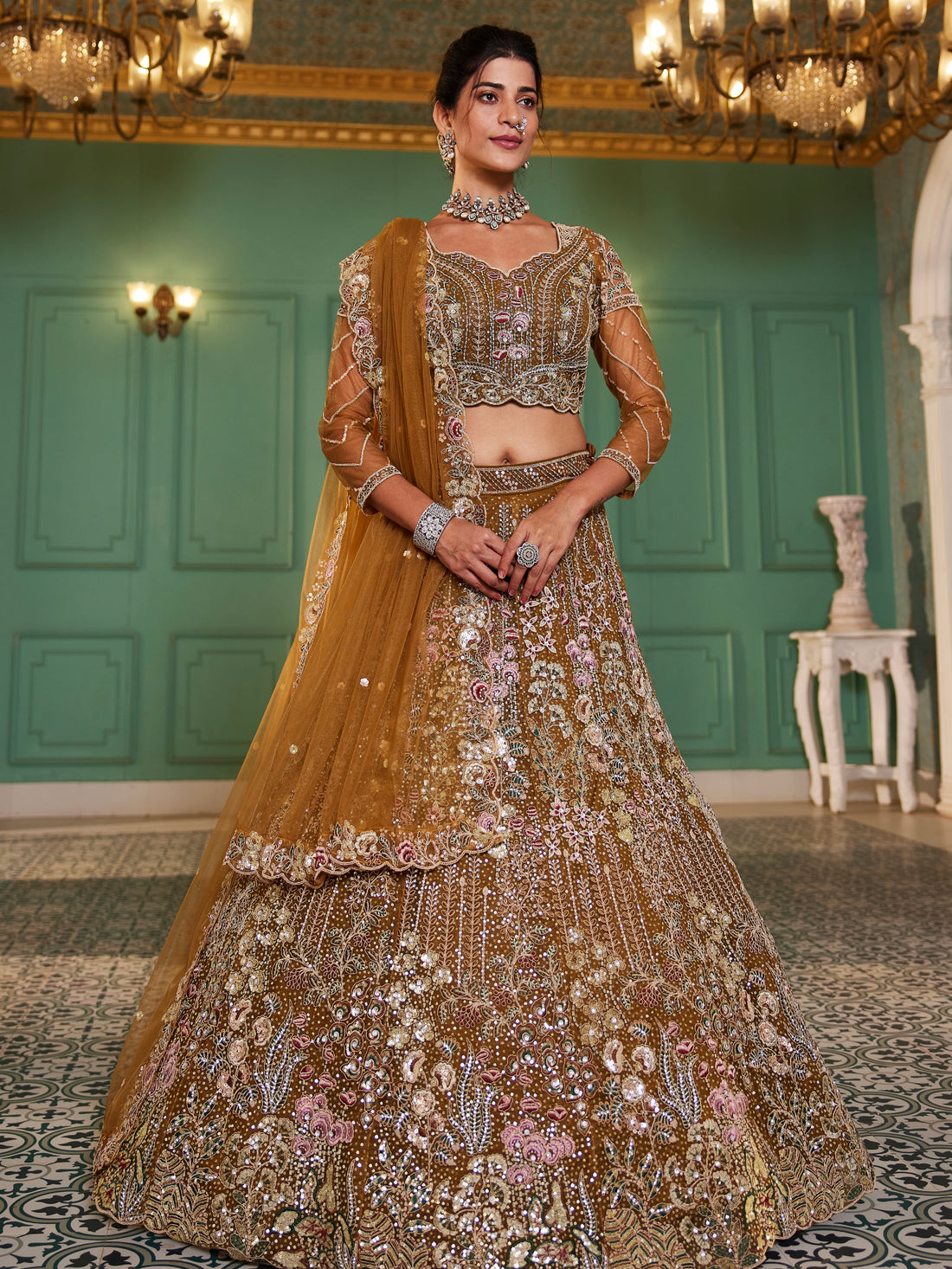 Mustard Net Bridal Lehenga with Sequins & Zarkan Embroidery