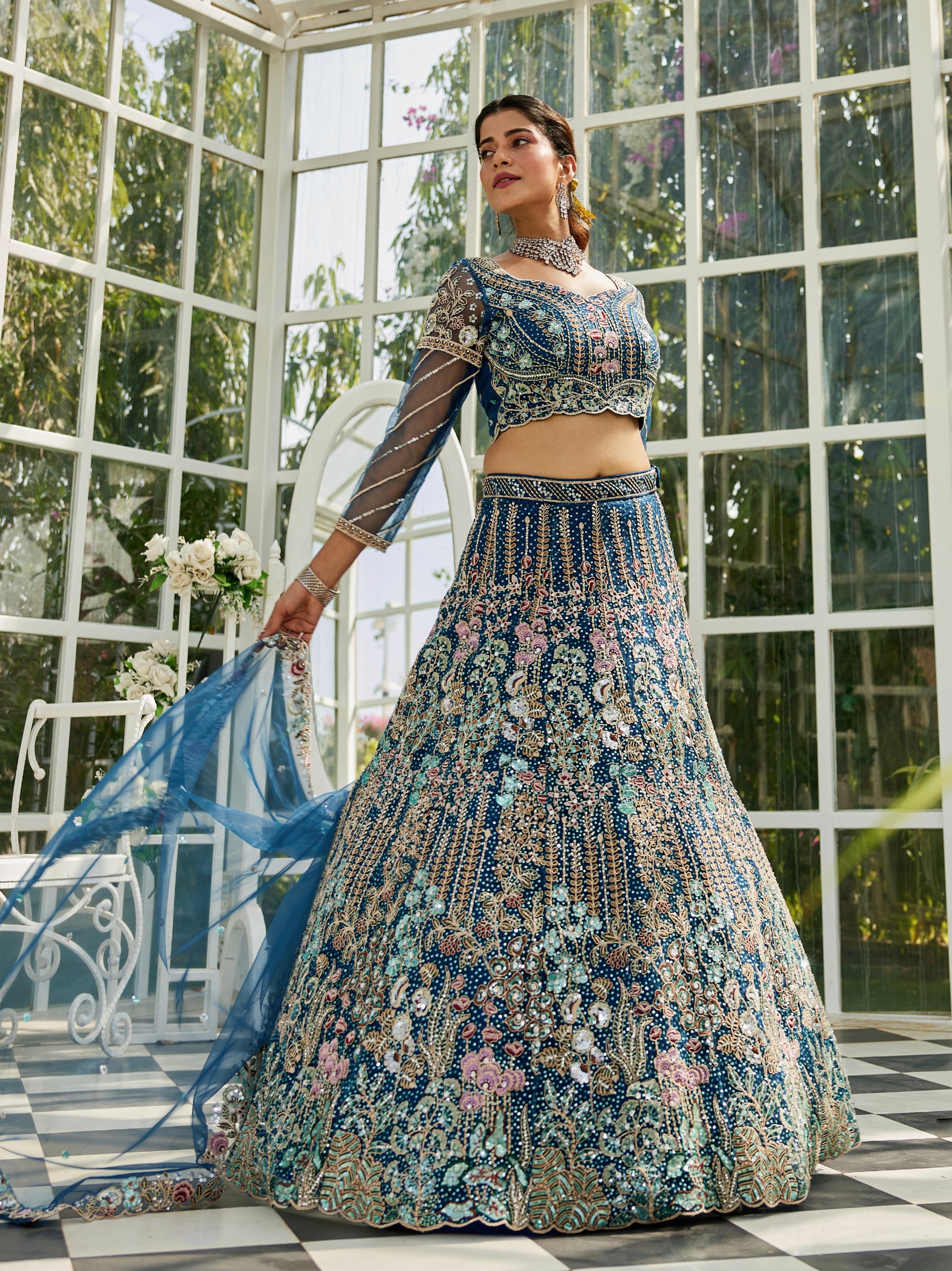 Navy Blue Net Bridal Lehenga with Sequins & Zarkan Embroidery