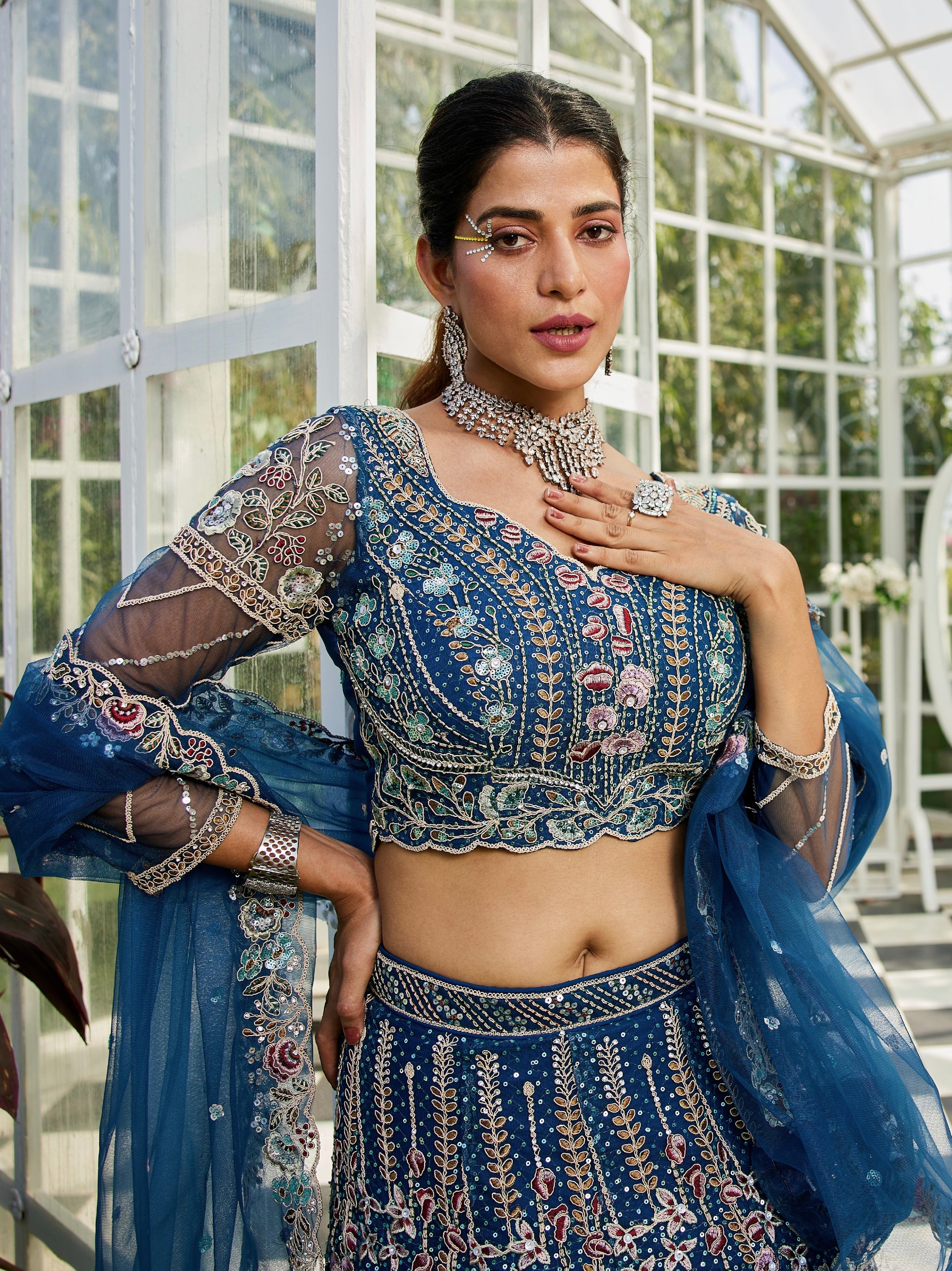 Navy Blue Net Bridal Lehenga with Sequins & Zarkan Embroidery