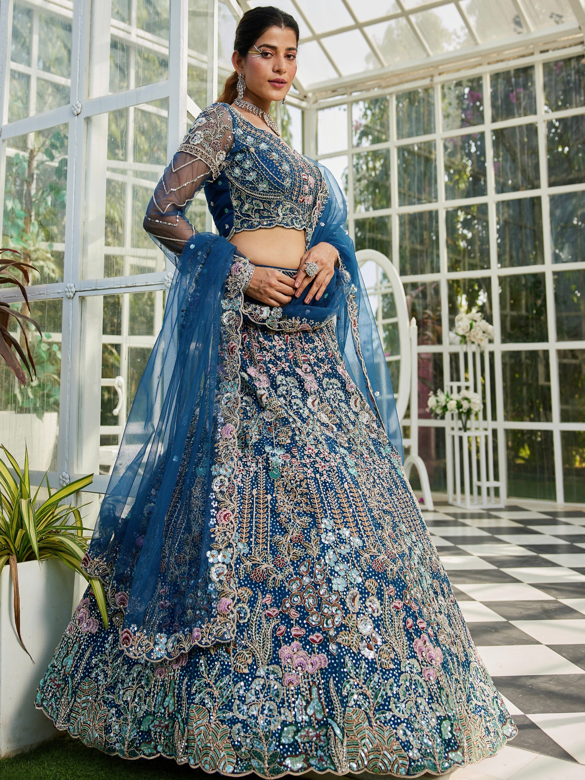 Navy Blue Net Bridal Lehenga with Sequins & Zarkan Embroidery