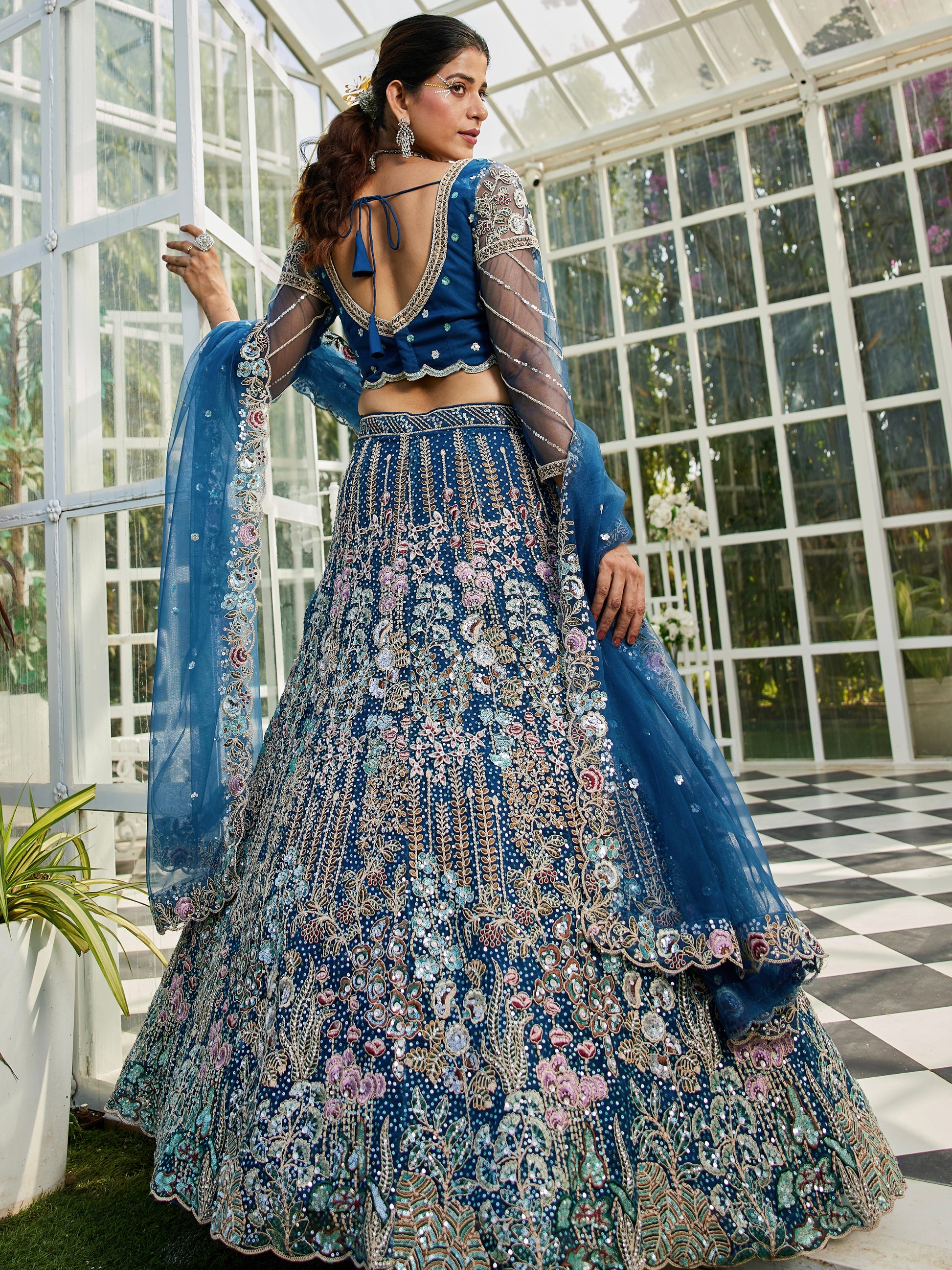 Navy Blue Net Bridal Lehenga with Sequins & Zarkan Embroidery